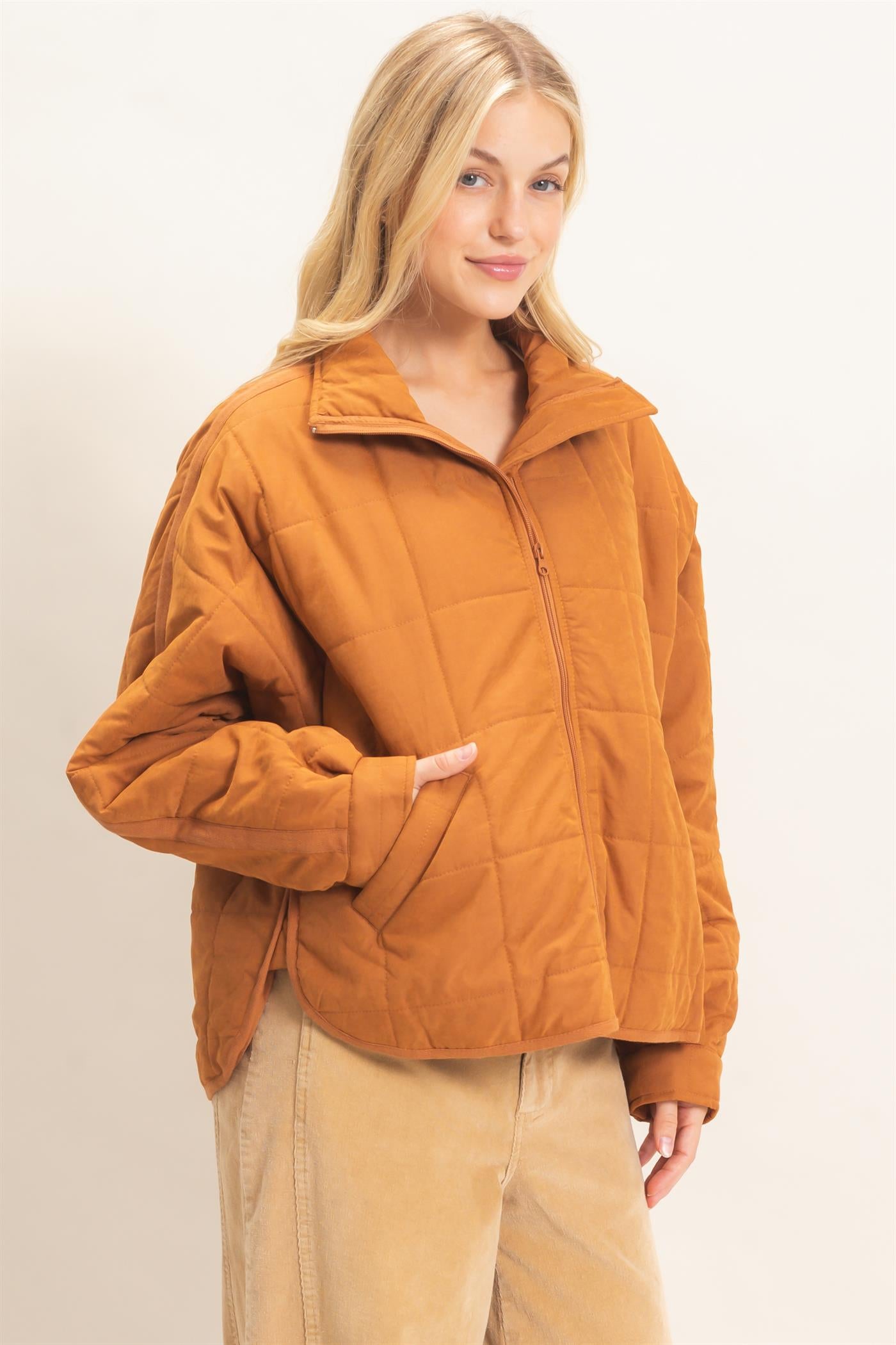 Wholesale Quilted High Collar Jacket Coats & Jackets HF26F167-D CAMEL HYFVE