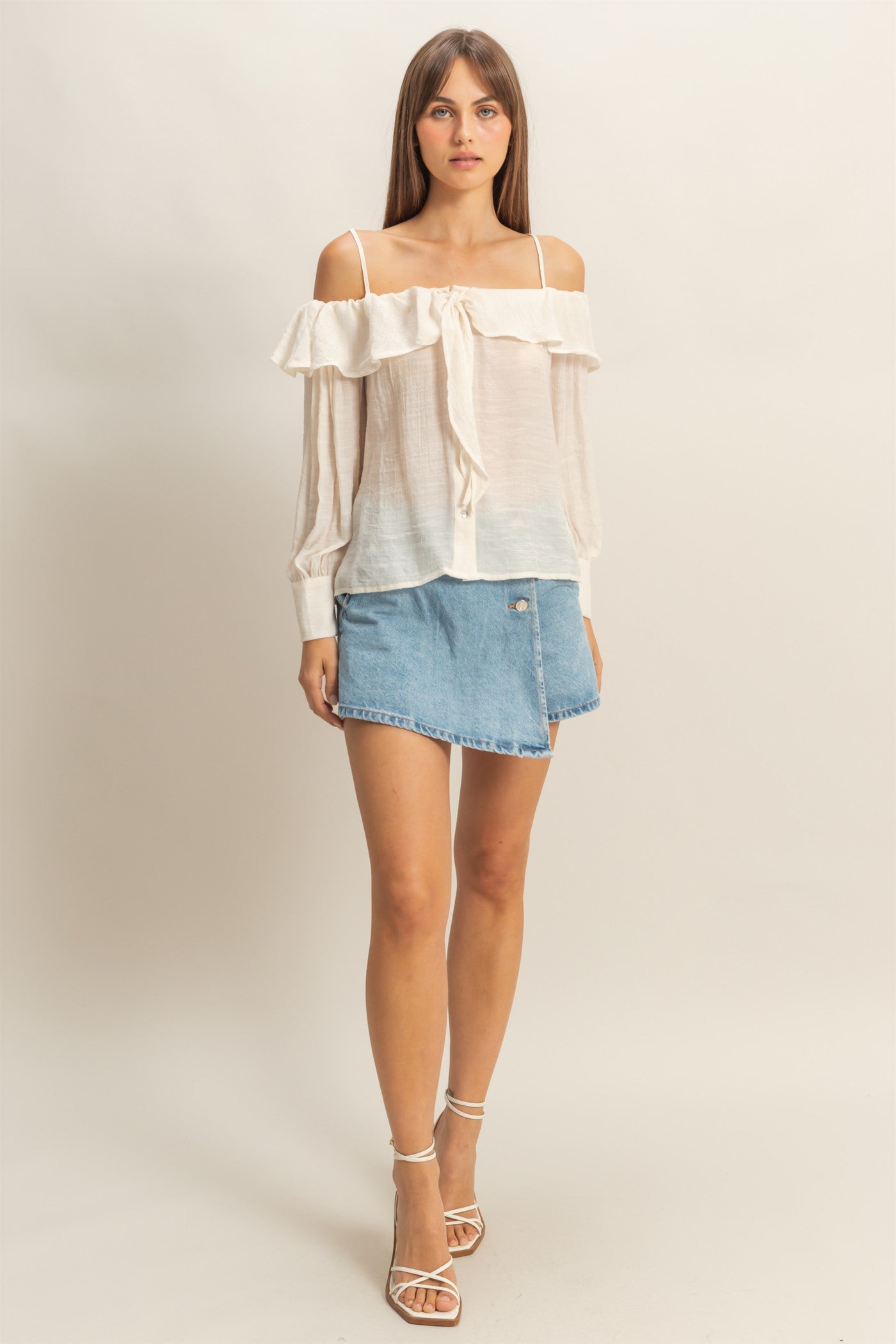 Wholesale Cold-Shoulder Ruffled Blouse Clothing Tops HF23C787 OFF WHITE HYFVE
