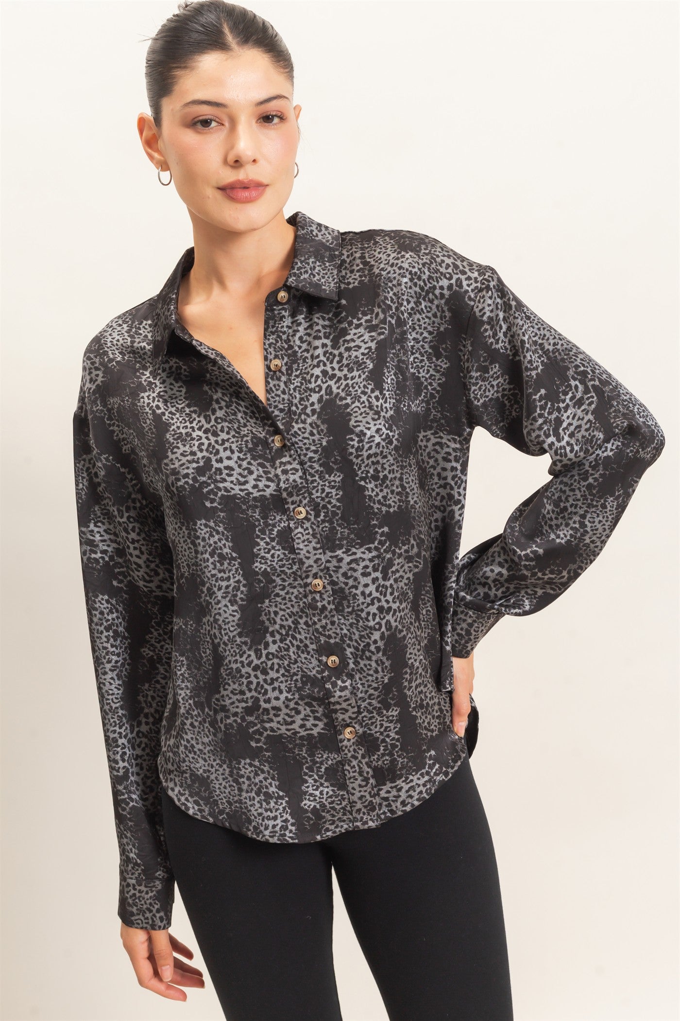 Wholesale Leopard Satin Button-Up Shirt Clothing Tops HF26E159 BLACK HYFVE