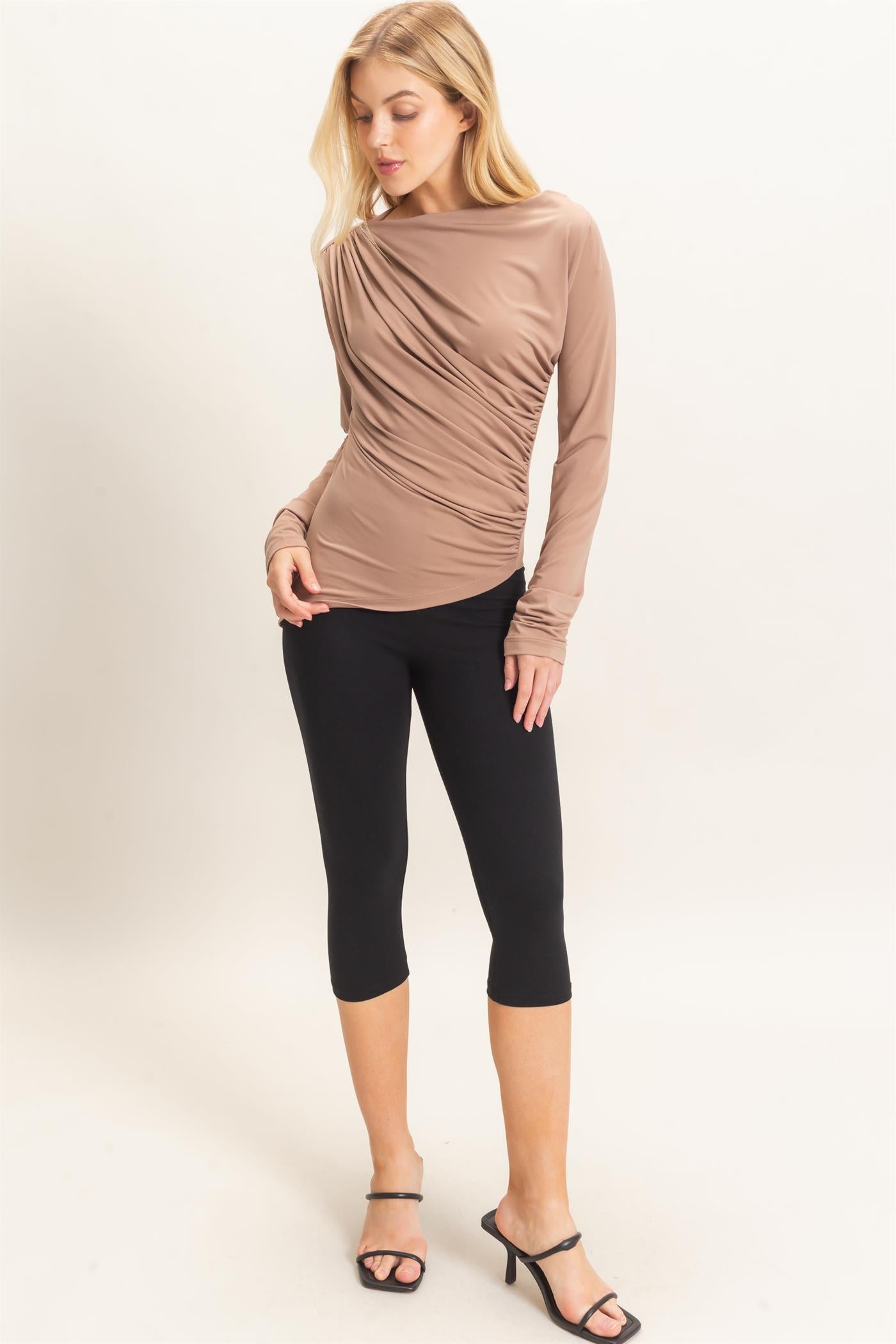 Wholesale Asymmetrical Ruched Long Sleeve Top Clothing Tops HF26C683 DARK TAUPE HYFVE