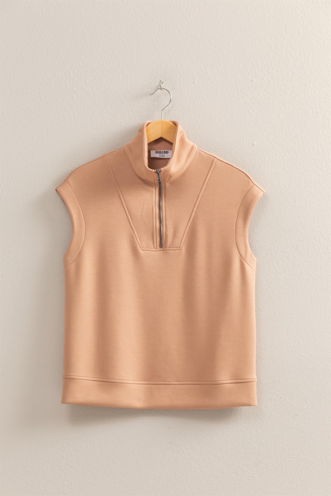 Wholesale Mock Neck Half Zip Up Sleeveless Top Clothing Tops DZ25C571 DARK TAUPE DOUBLE ZERO