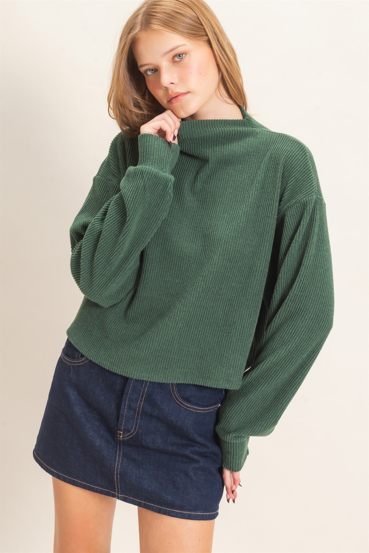 Wholesale Ribbed Mock Neck Top Clothing Tops HF26F030 GREEN HYFVE