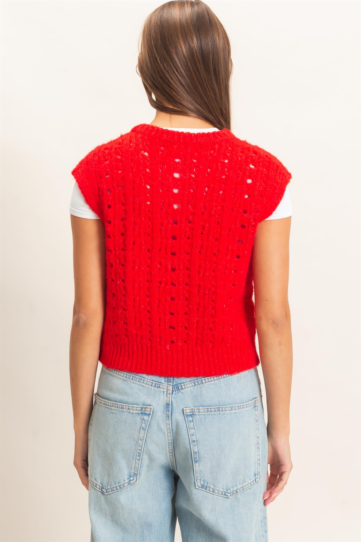 Wholesale Open Knit Sleeveless Button Front Sweater Vest Sweaters DZ26A829 RED DOUBLE ZERO