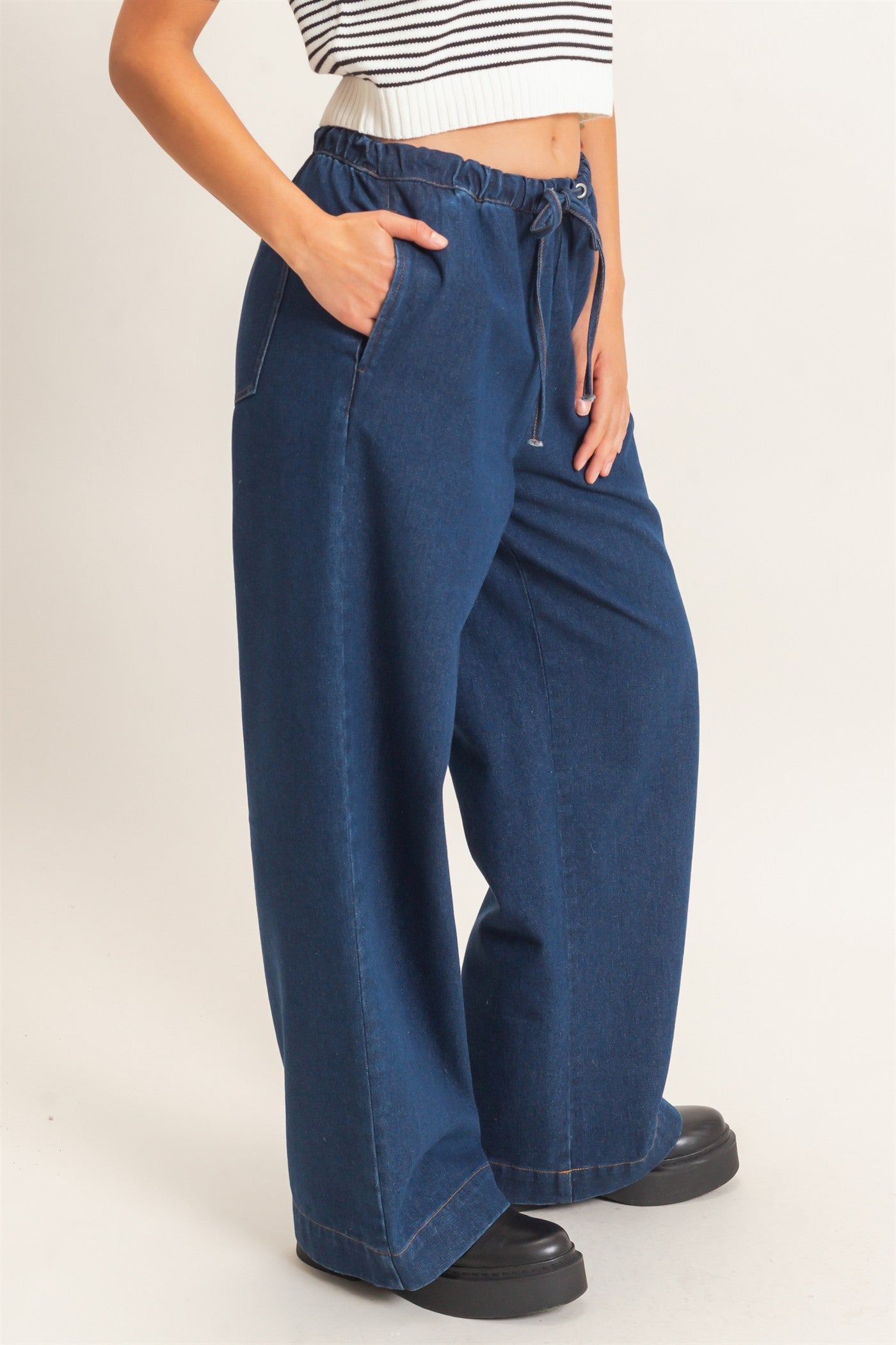 Wholesale Elastic Waist Wide Leg Denim Pants Pants DZ26E331 DARK BLUE DOUBLE ZERO