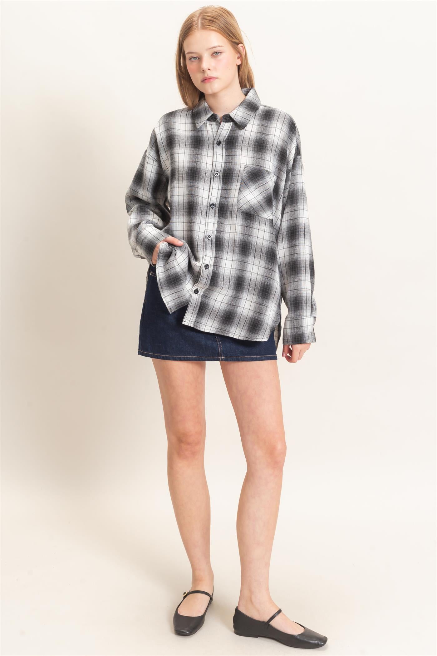 Wholesale Plaid Button-Up Shirt Clothing Tops HF26F017 BLACK HYFVE