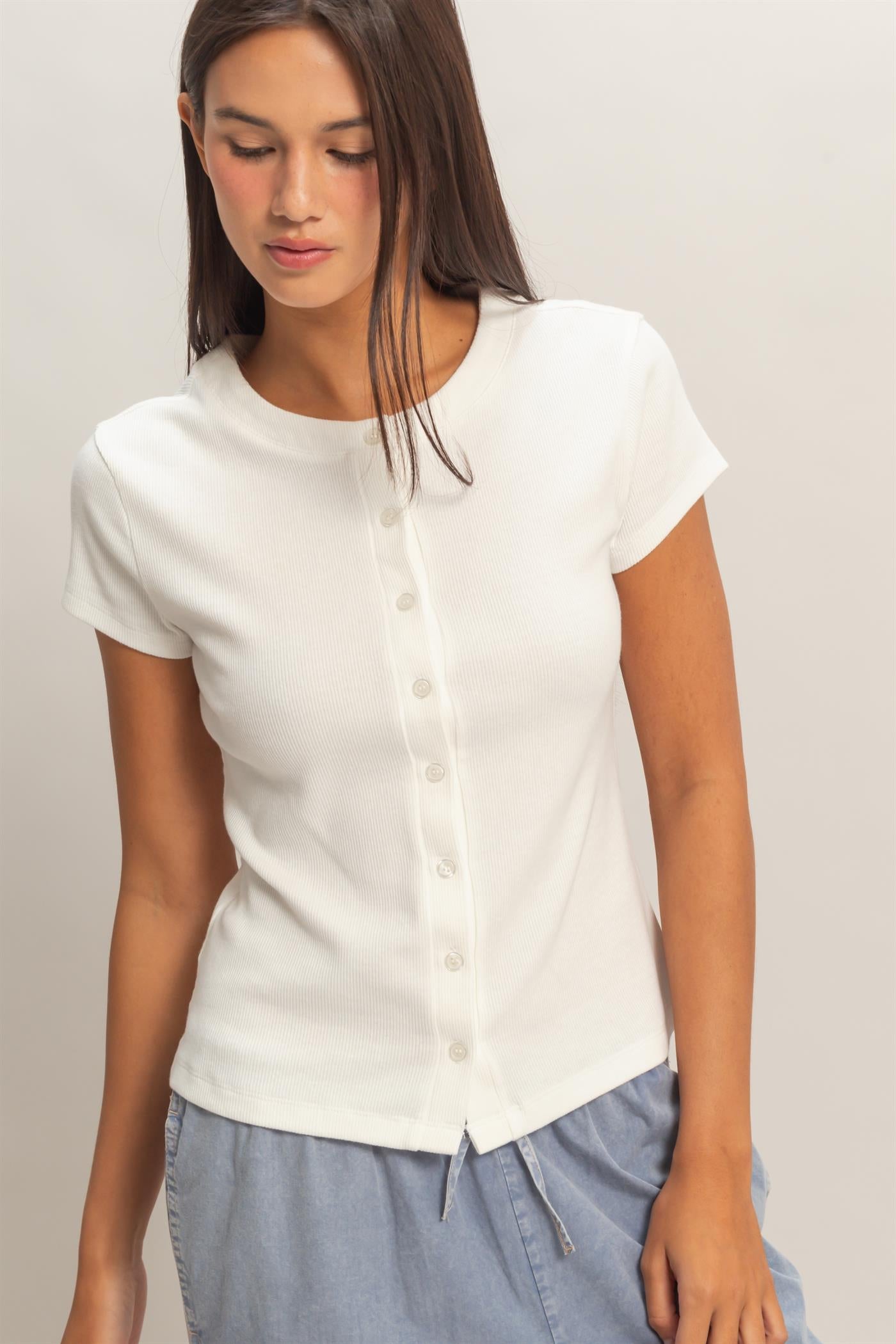 Wholesale Ribbed Button-Front Crew Neck Top Clothing Tops DZ26A727 OFF WHITE DOUBLE ZERO