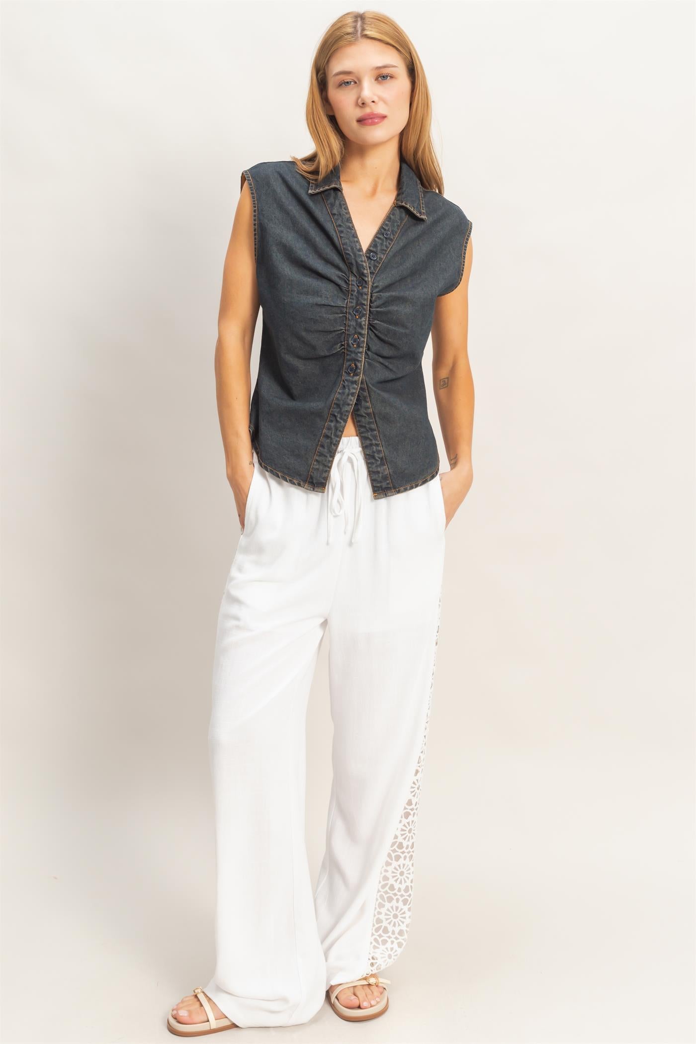 Wholesale Sleeveless Denim Button-Up Top Clothing Tops HF26C221 DARK BLUE HYFVE