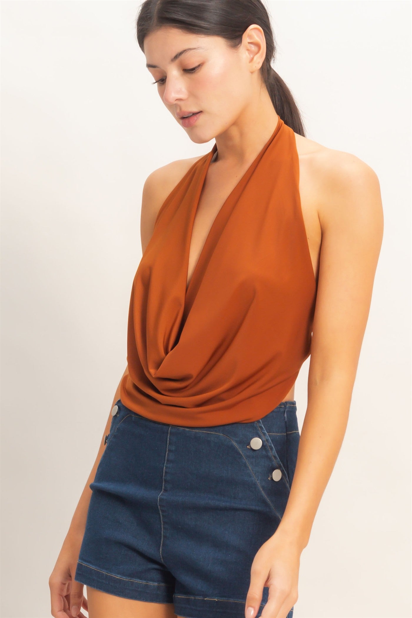 Wholesale Draped Halter Neck Top Clothing Tops HF26E353 BROWN HYFVE