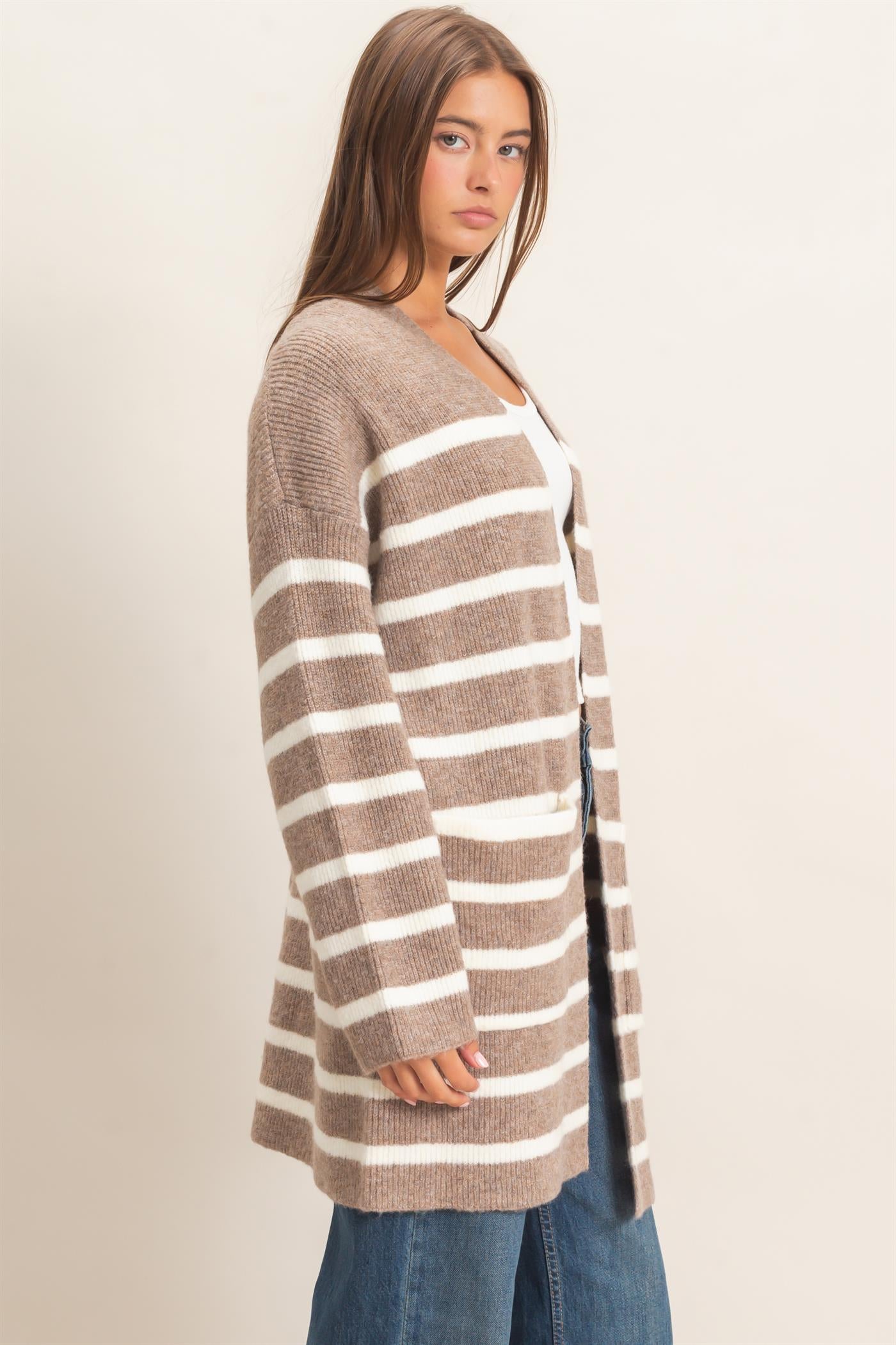 Wholesale Open Front Stripe Cardigan Cardigans DZ26C342 DARK TAUPE DOUBLE ZERO