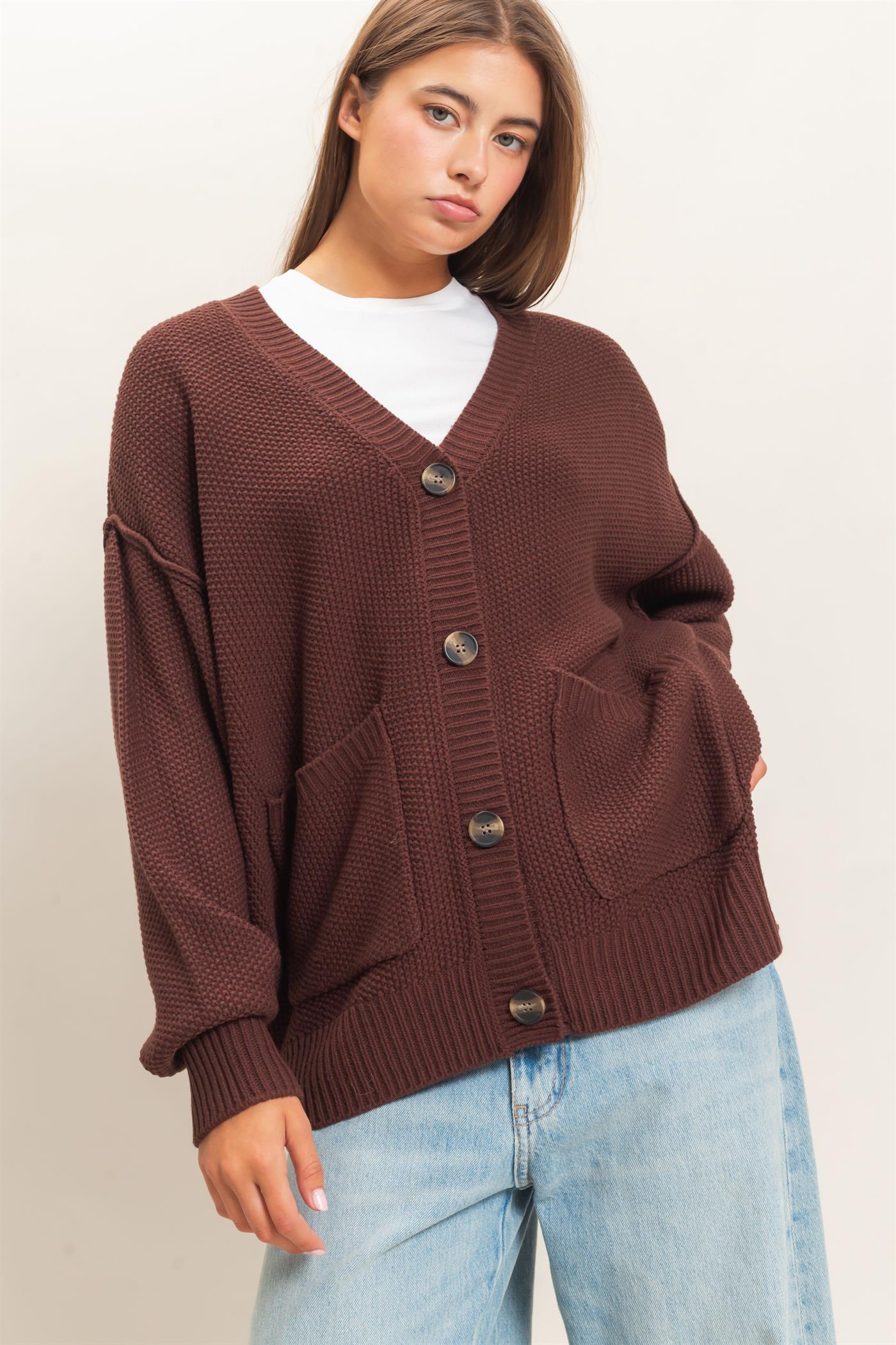 Wholesale Textured Oversized Knit Buttoned Cardigan Cardigans DZ26C971 DARK BROWN DOUBLE ZERO