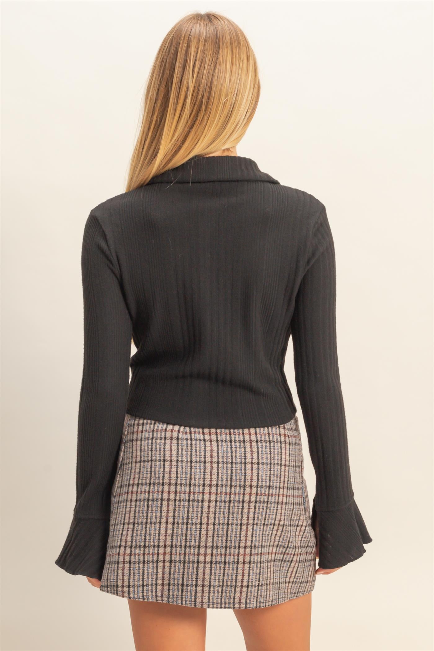 Wholesale Brushed Rib Knit Cropped Shirt Clothing Tops HF23G418 BLACK HYFVE