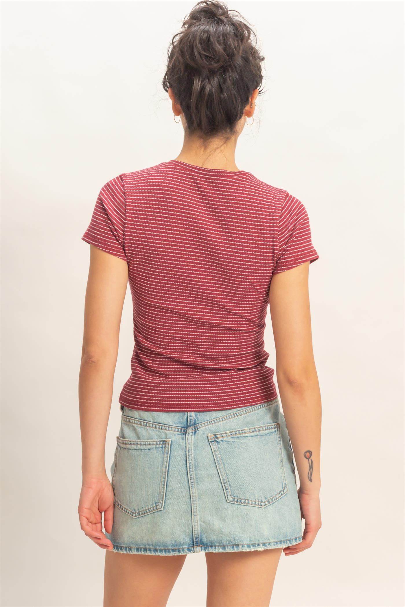 Wholesale Striped Ribbed Crew Neck Top Clothing Tops DZ26C281 DARK RED DOUBLE ZERO