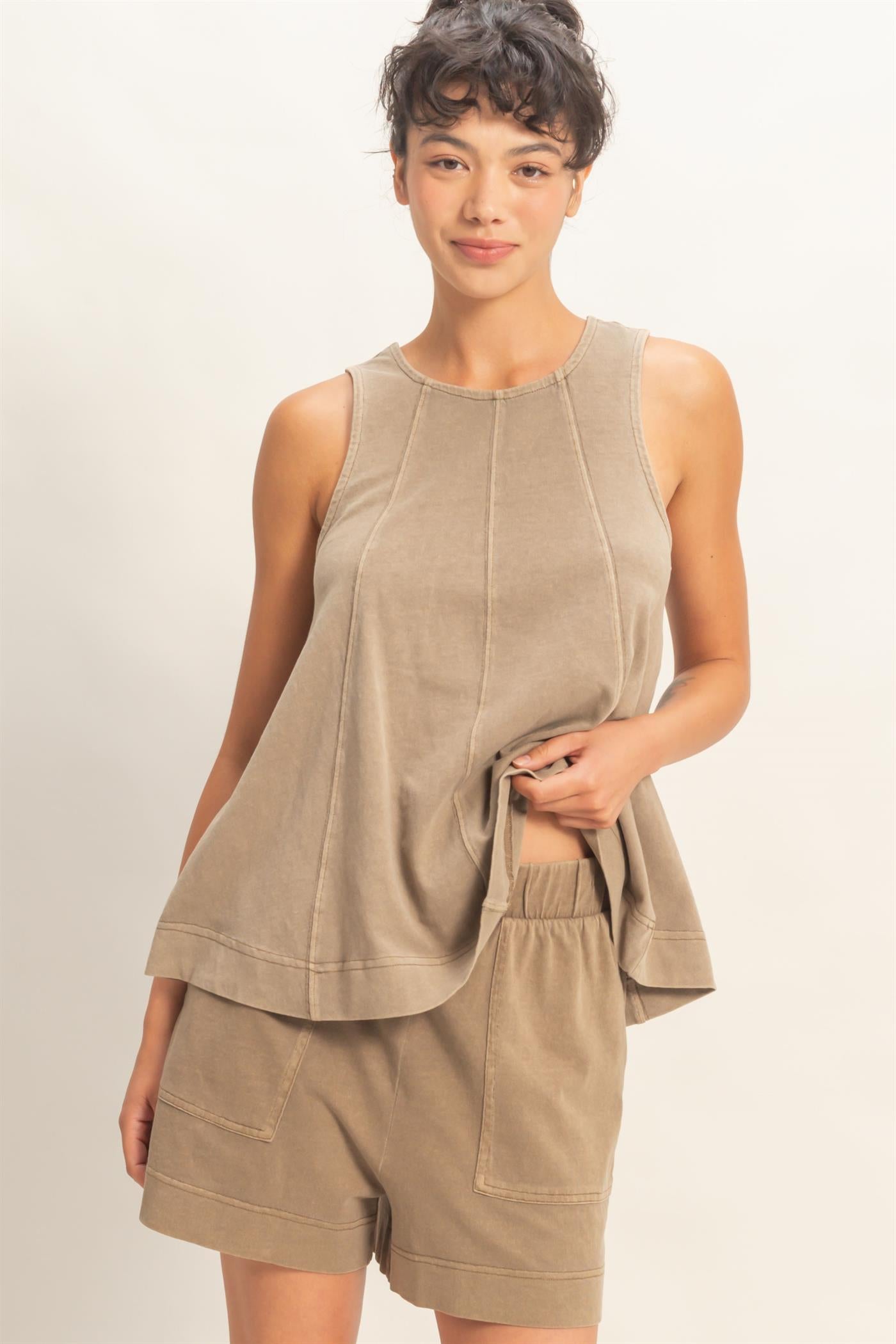 Wholesale Sleeveless Round Neck Top & Shorts Set Clothing DZ26C730-SET MOCHA DOUBLE ZERO