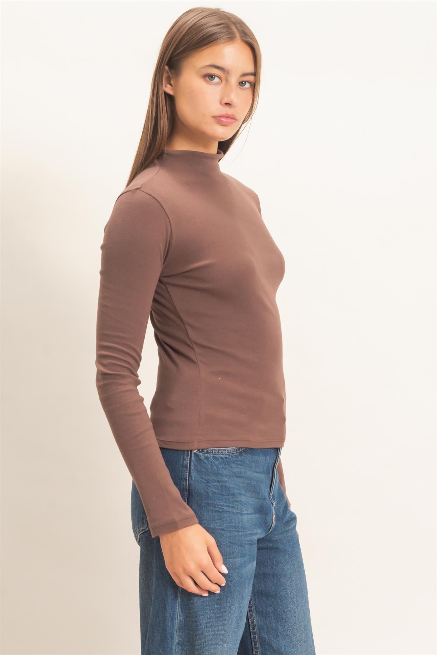 Wholesale Mock Neck Long Sleeve Top Clothing Tops DZ26F281 DARK BROWN DOUBLE ZERO
