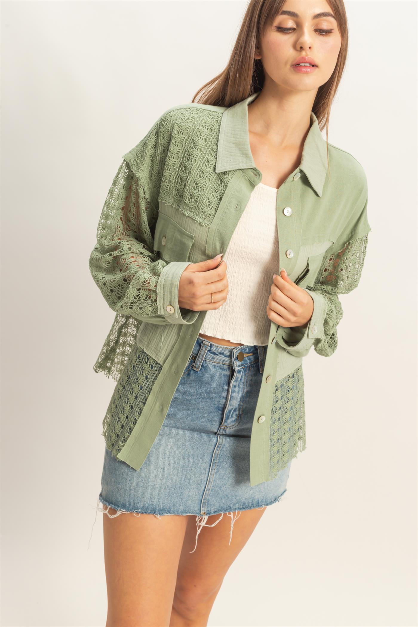 Wholesale Lace Panel Button-Up Shirt Shirts HF26C315 LIGHT OLIVE HYFVE