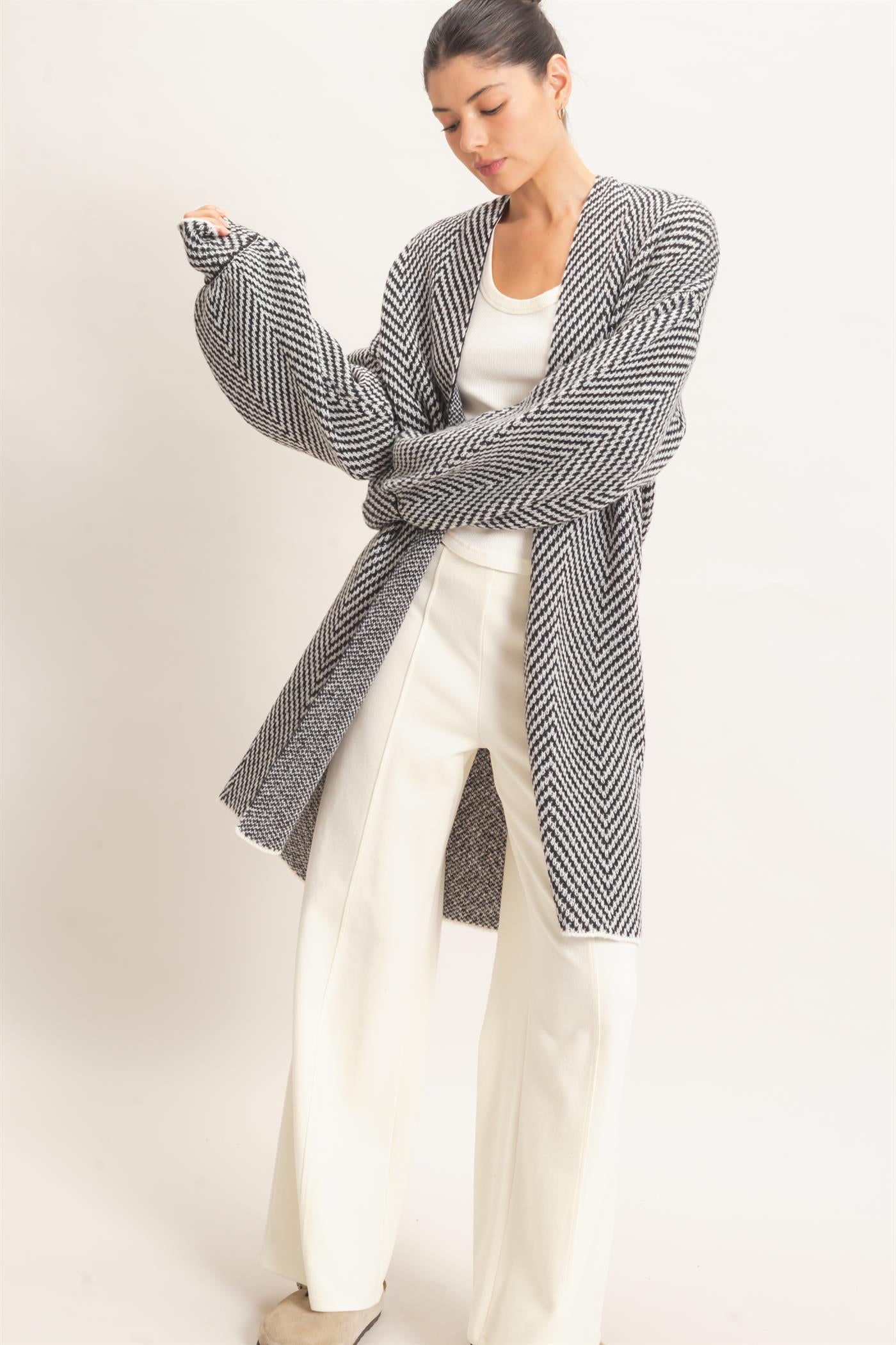 Wholesale Herringbone Pattern Open-Front Cardigan Cardigans HF26F171 BLACK HYFVE