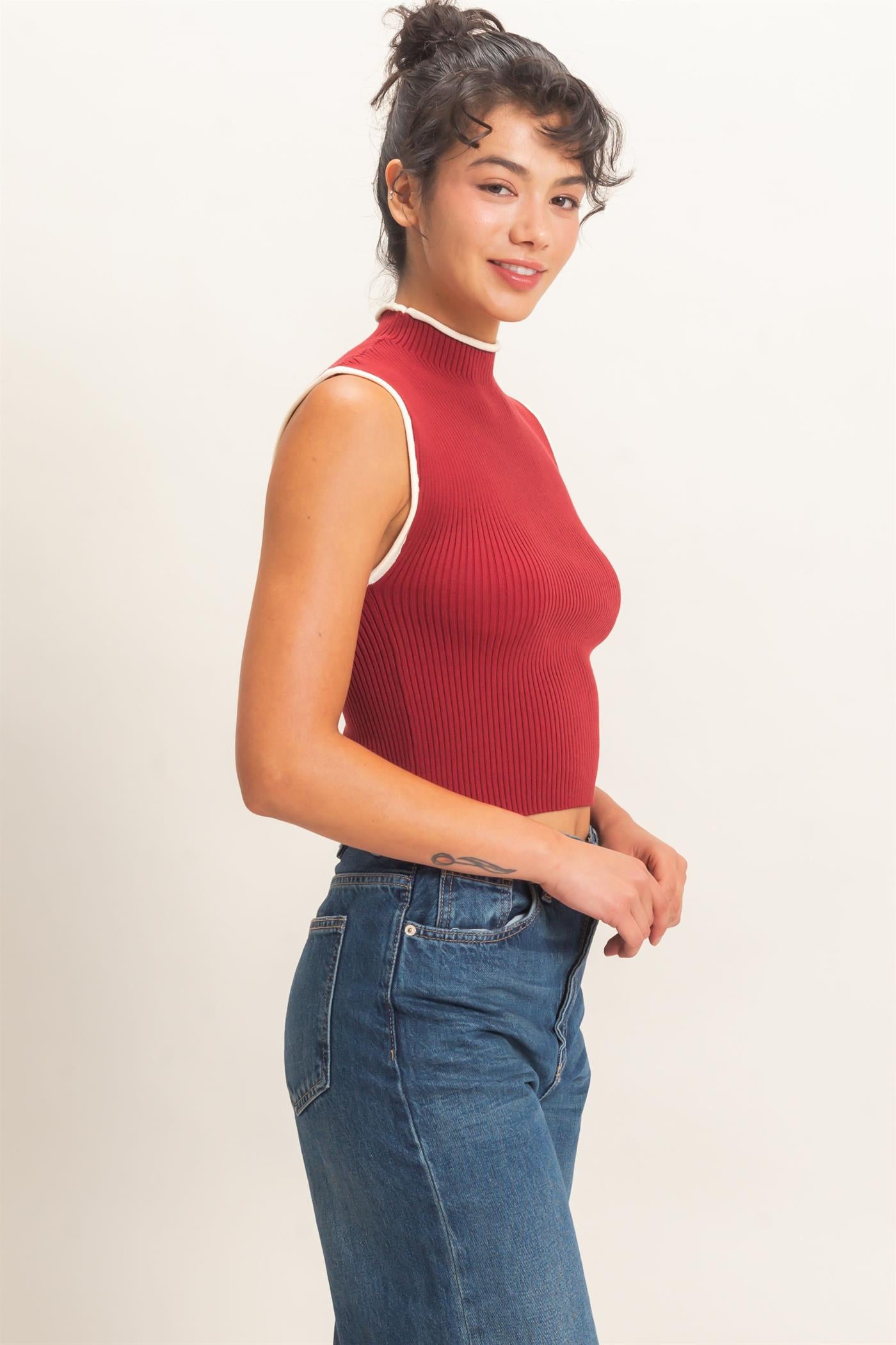 Wholesale Ribbed Mock Neck Sleeveless Top Clothing Tops DZ26E777 DARK RED DOUBLE ZERO