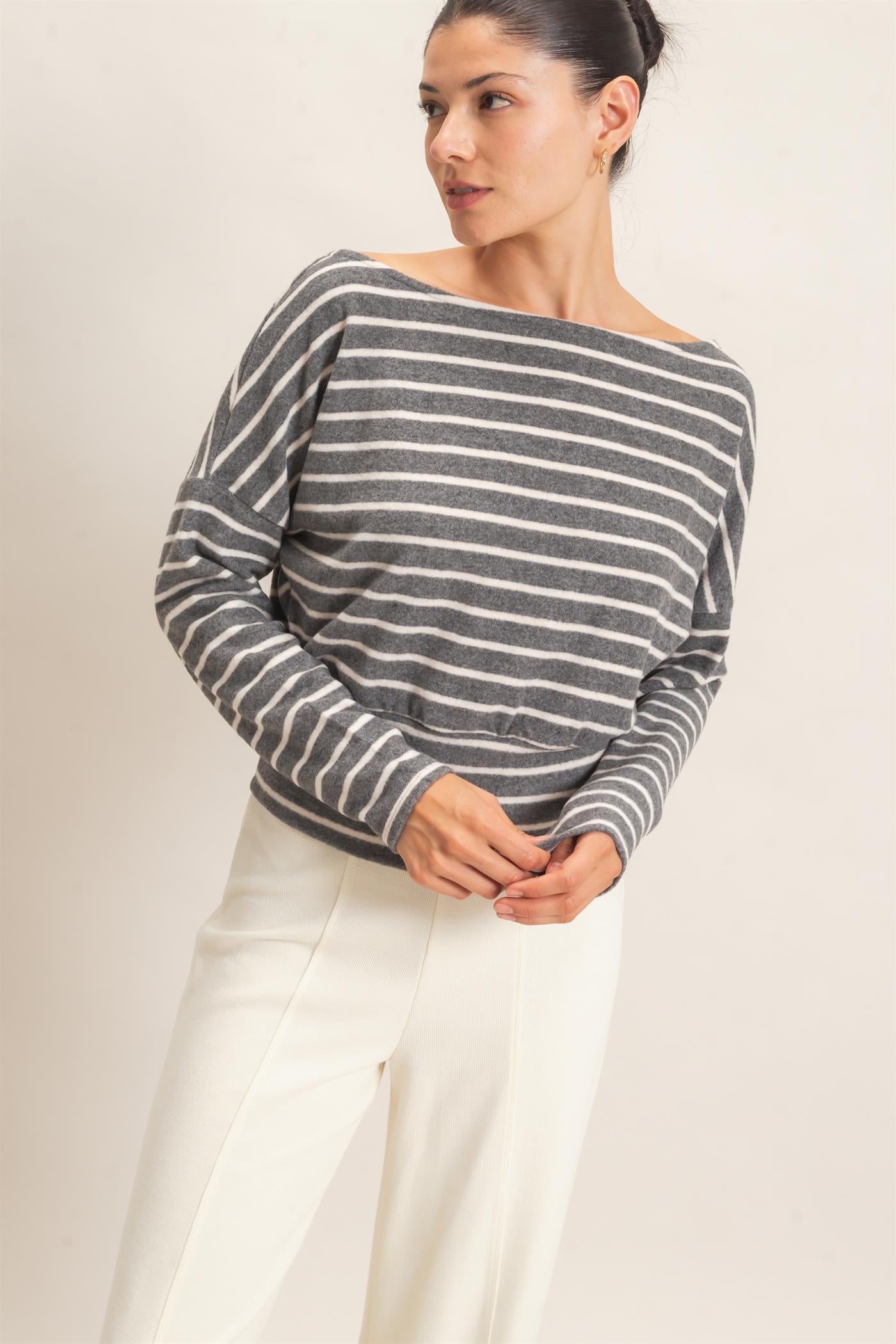 Wholesale Striped Off Shoulder Top T-Shirts HF26E953 GRAY HYFVE