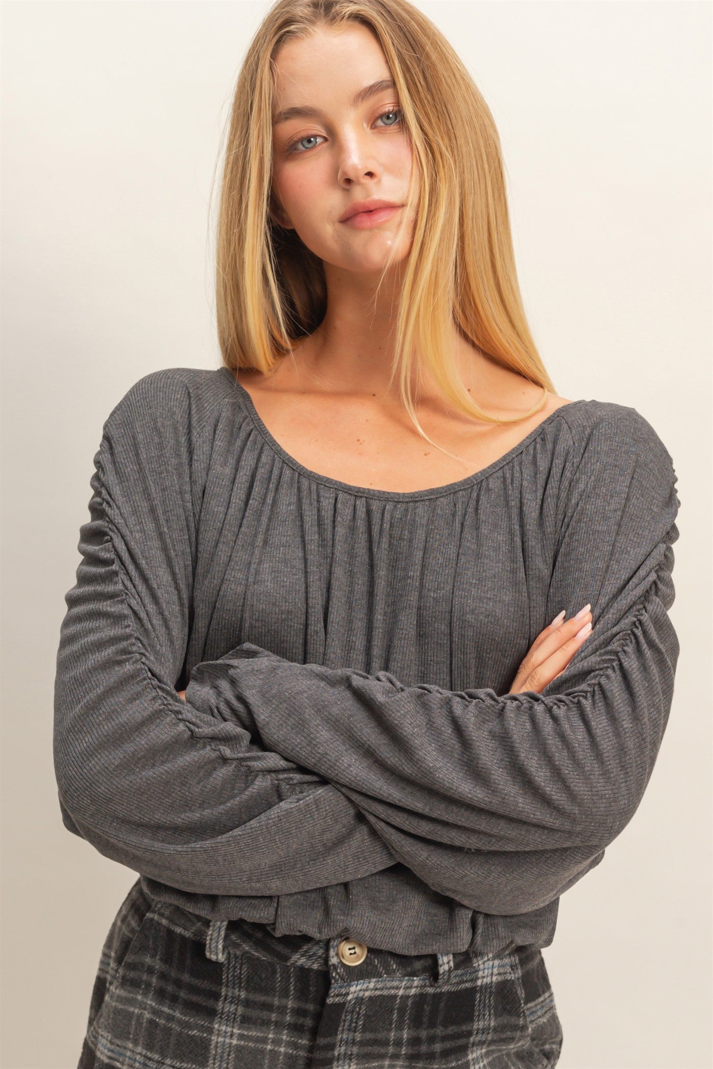 Wholesale Boat Neck Shirred Dolman Sleeve Blouse Clothing Tops HF21F952 CHARCOAL HYFVE