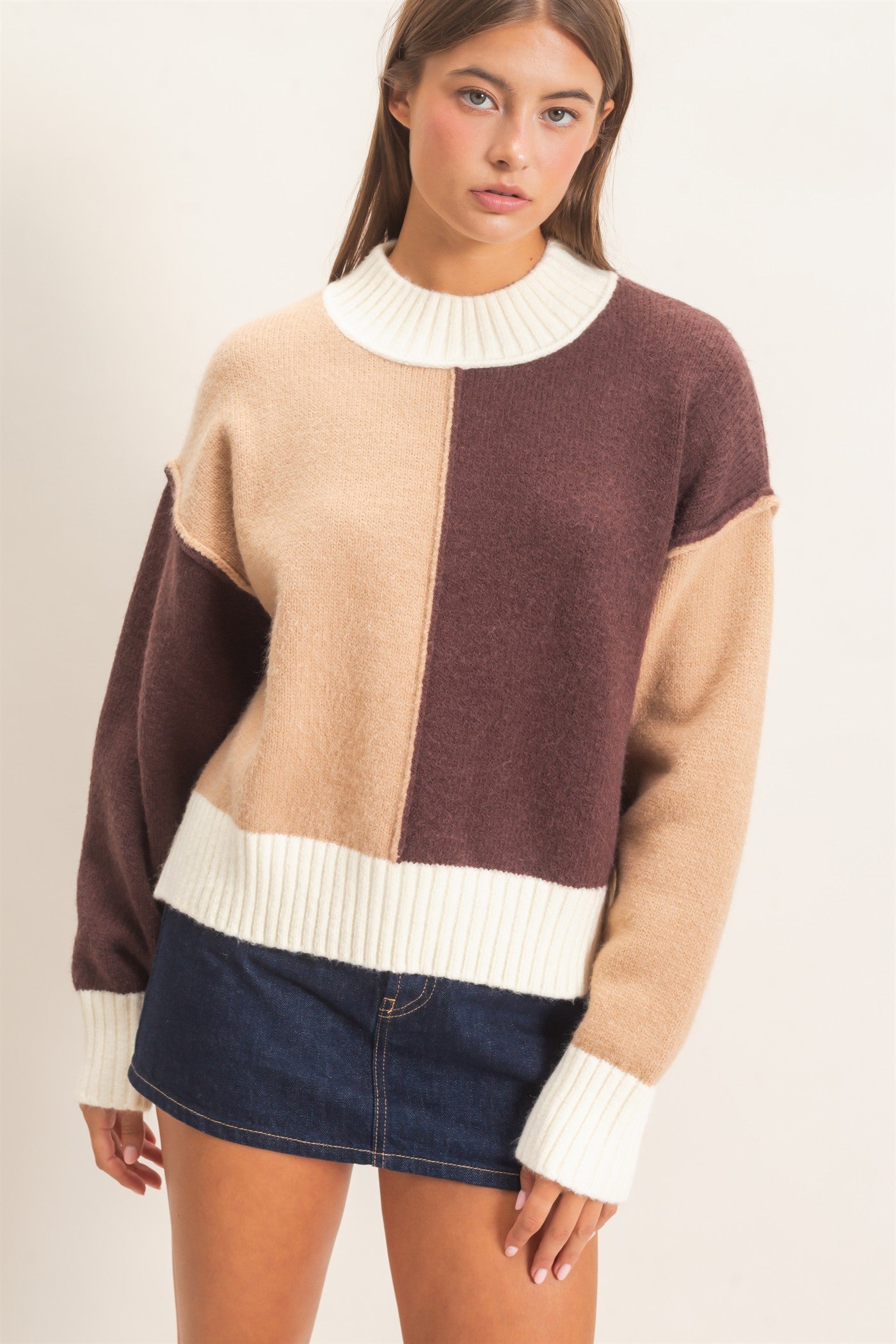 Wholesale Color Block Mock Neck Sweater Sweaters DZ27A211 BROWN DOUBLE ZERO
