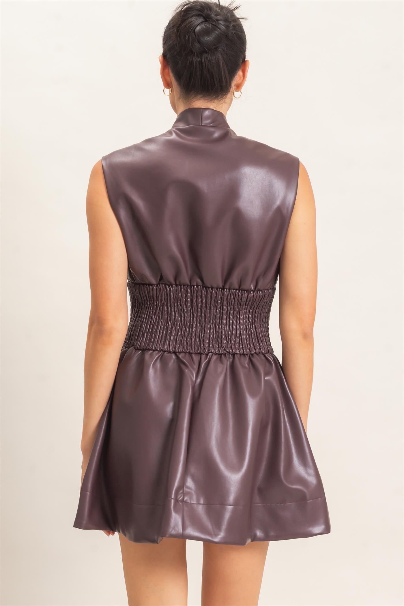 Wholesale Faux Leather Zip Front Dress Dresses HF26E364 DARK CHERRY HYFVE