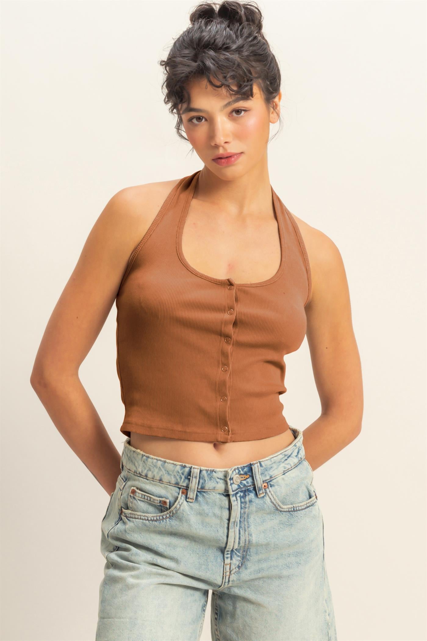 Wholesale Halter Neck Buttoned Washed Tank Top Clothing Tops DZ25A293 CHESTNUT DOUBLE ZERO