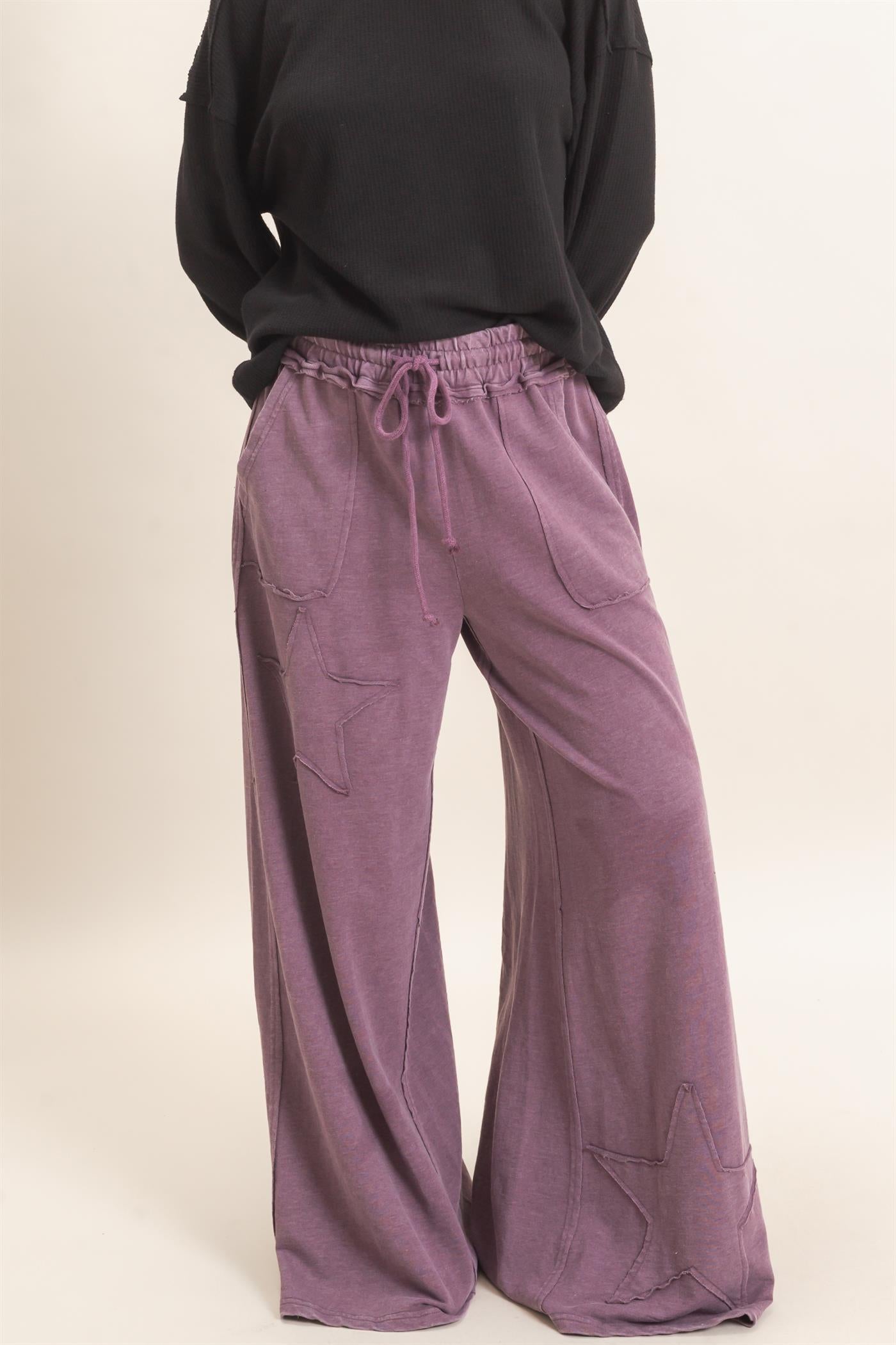 Wholesale Mineral Wash Star Patch And Print Wide Leg Pants Pants DZ26F060 DARK CHERRY DOUBLE ZERO