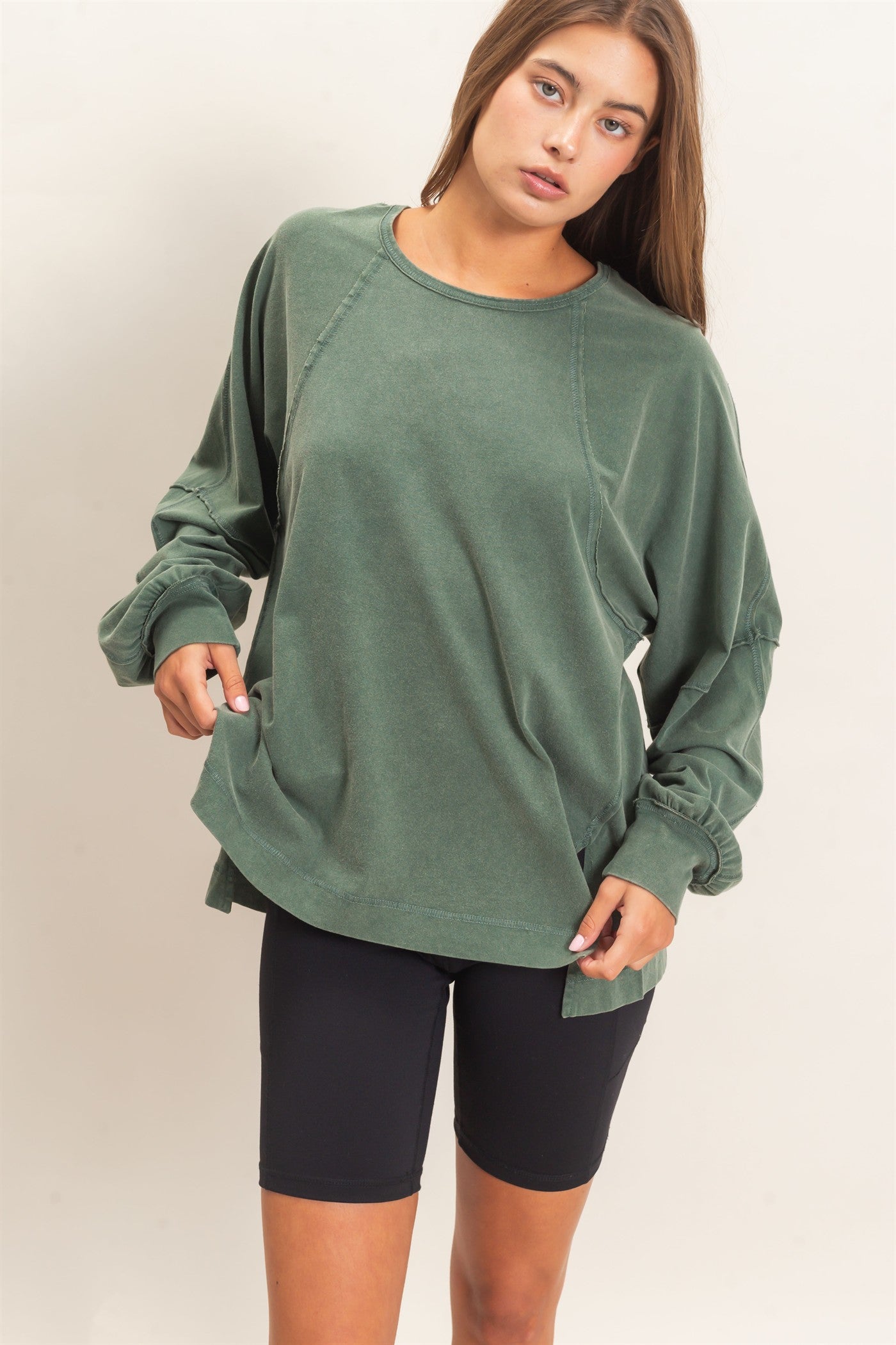 Wholesale Raglan Sleeve Snow Wash Top Shirts DZ26E945 DARK GREEN DOUBLE ZERO