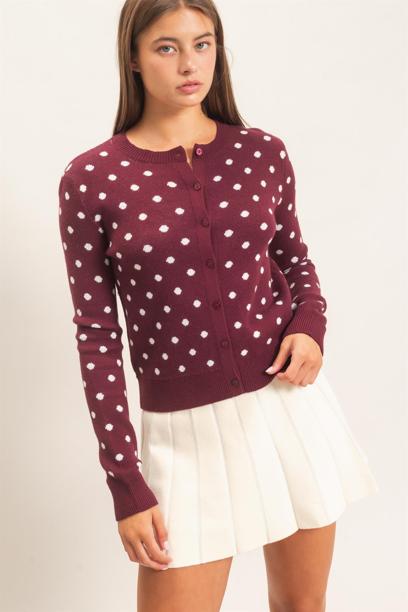 Wholesale Polka Dot Cardigan Sweaters DZ26E453 DARK CHERRY DOUBLE ZERO