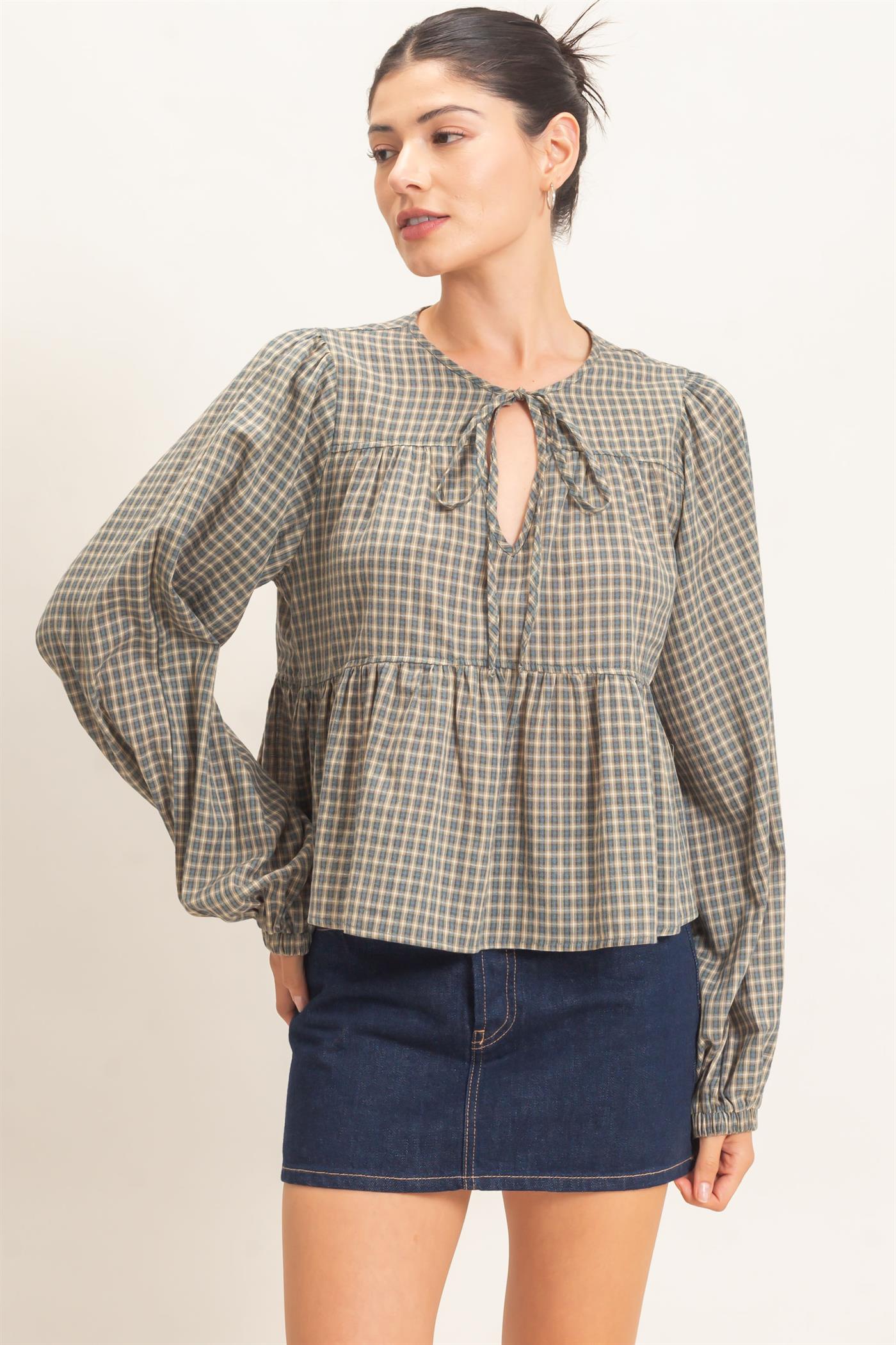 Wholesale Checkered Tie Neck Top Clothing Tops HF26E732 TEAL BLUE HYFVE