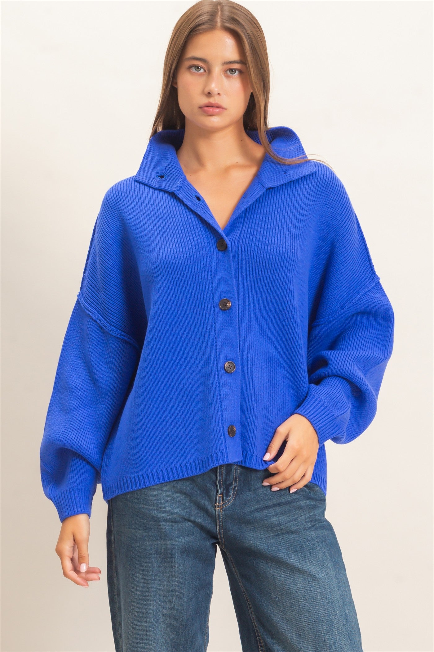 Wholesale High Neck Oversized Cardigan Cardigans DZ26E280 COBALT DOUBLE ZERO