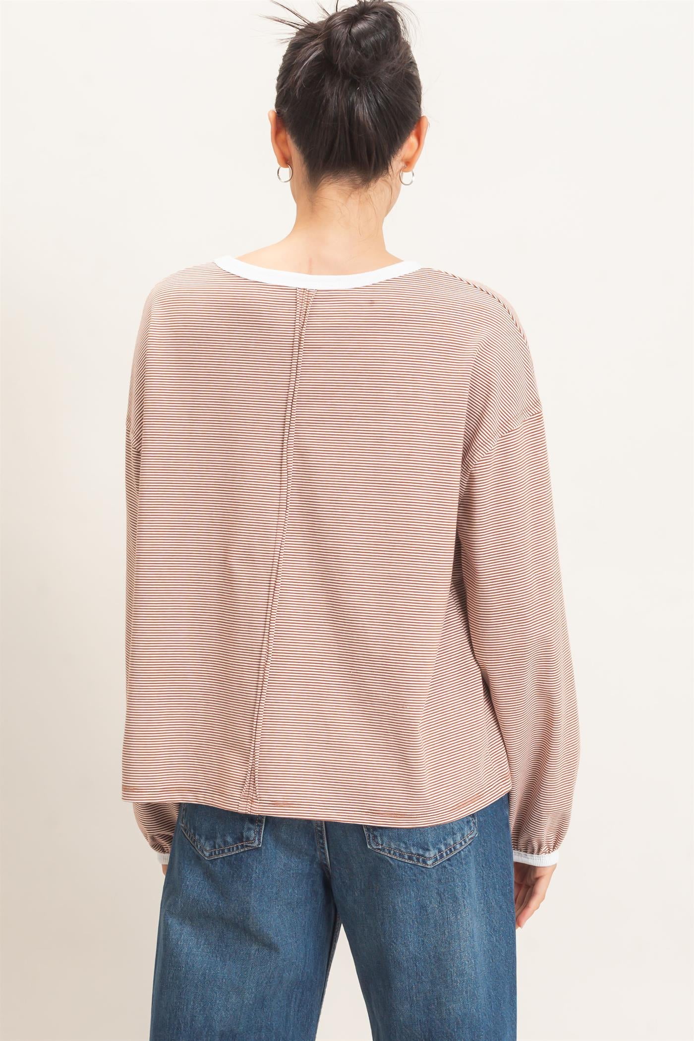 Wholesale Striped Boat Neck Long Sleeve Top Clothing Tops HF26E674 BRICK HYFVE