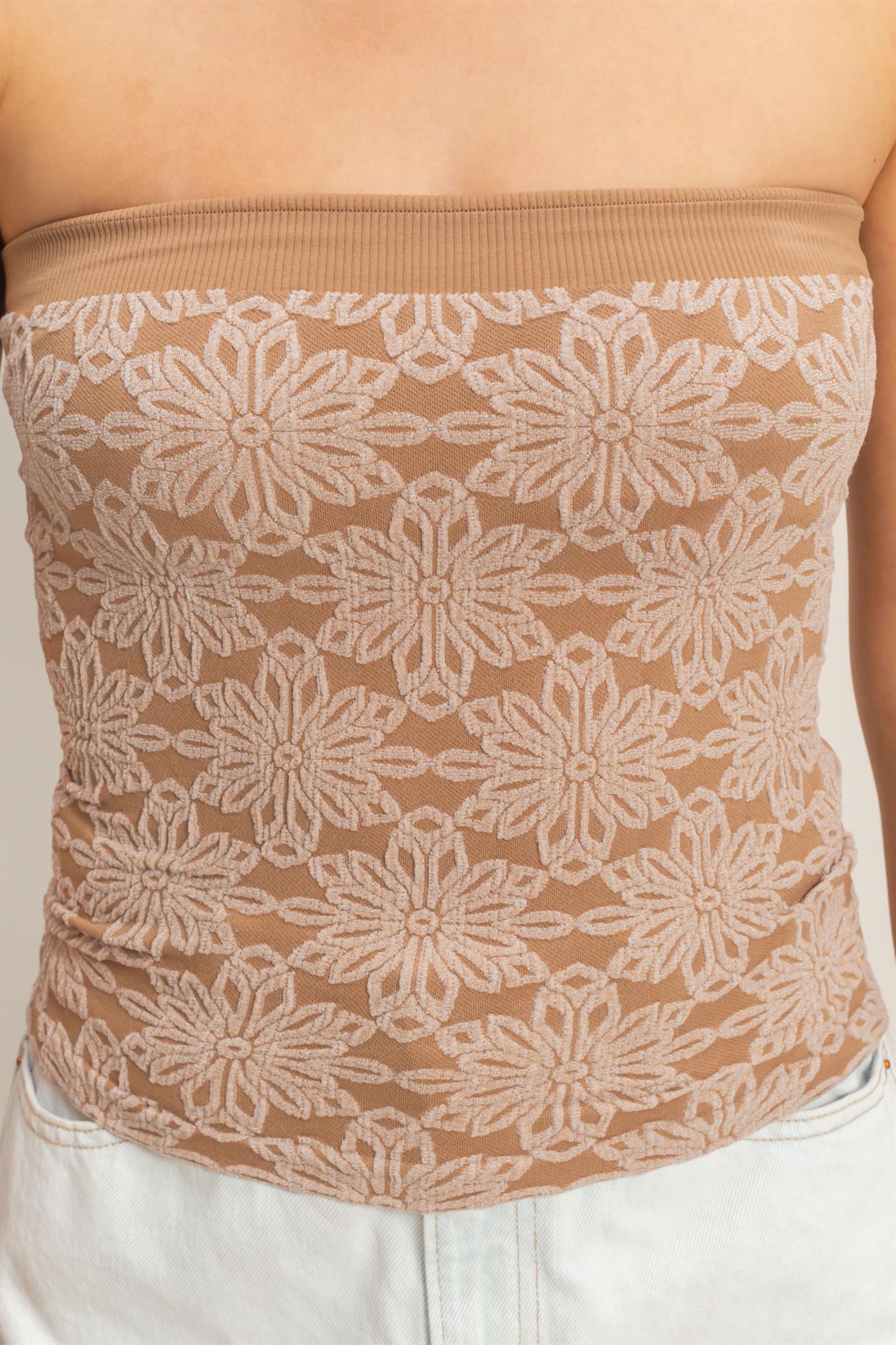 Wholesale Strapless Jacquard Top Clothing Tops HF26E219 TAUPE HYFVE