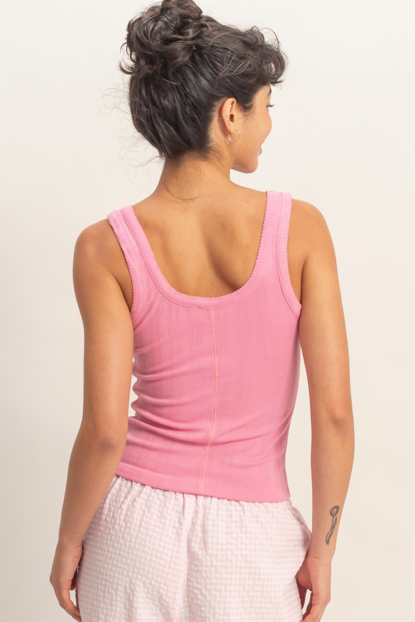 Wholesale Pointelle Button Front Scoop Neck Tank Top Tank Tops DZ26A775 PINK DOUBLE ZERO