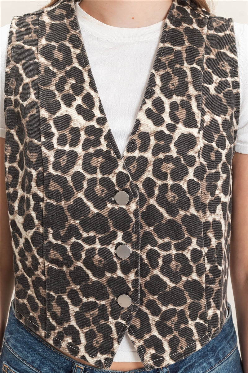 Wholesale Leopard Print Button Vest Clothing Tops HF26F160 CREAM HYFVE