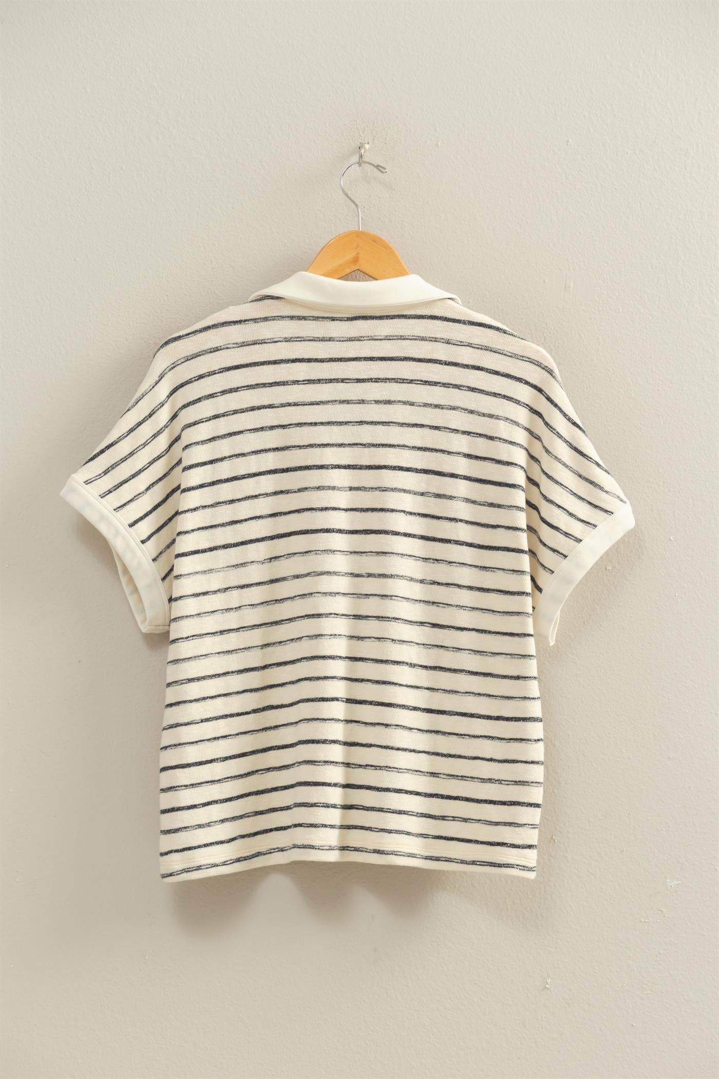 Wholesale Striped Dolman Sleeve V-Neck Collared Top Clothing Tops DZ26A452 BLACK DOUBLE ZERO