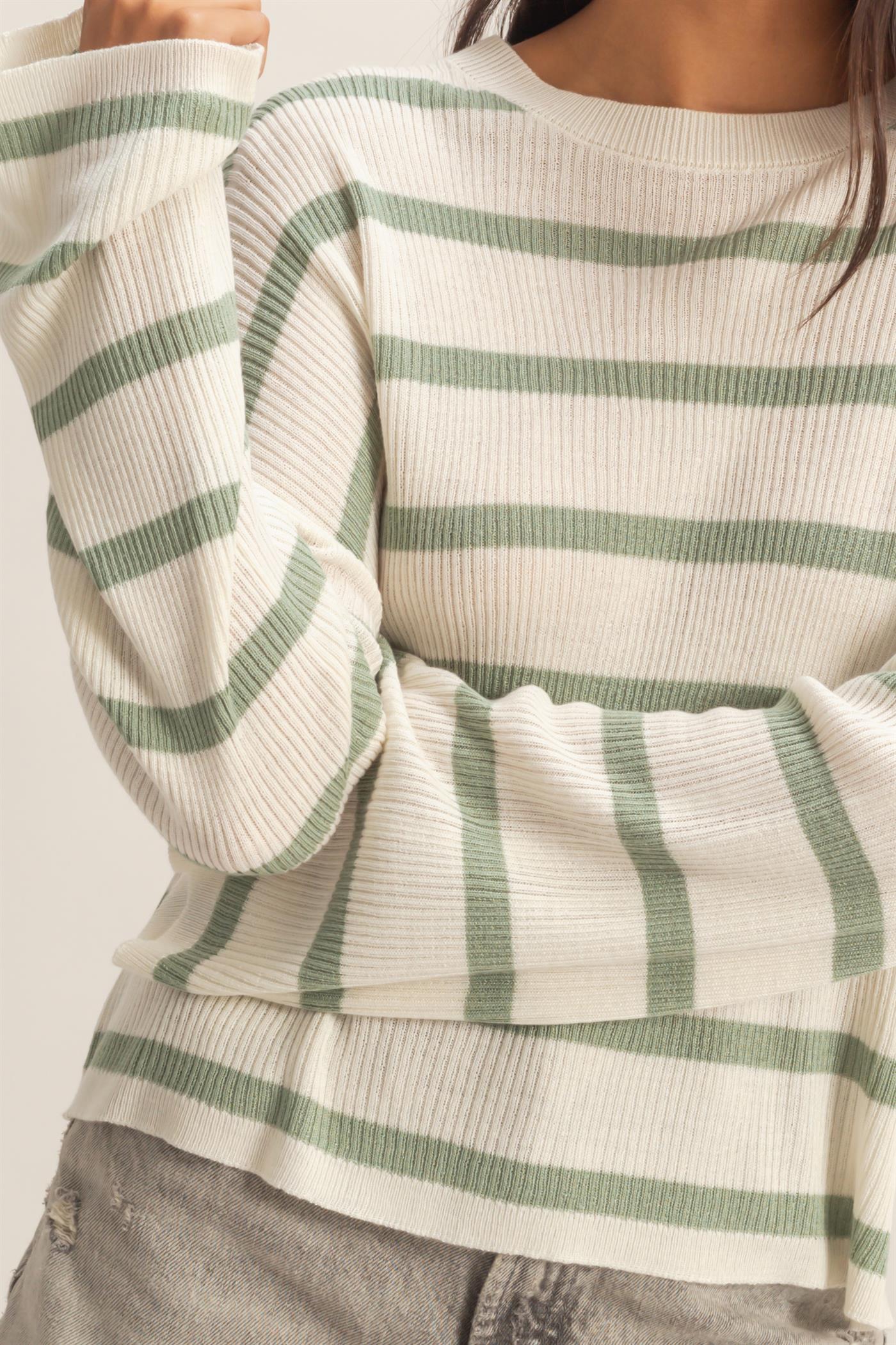 Wholesale Lightweight Wide-Sleeve Striped Sweater Clothing Tops DZ26A329 SAGE GREEN DOUBLE ZERO