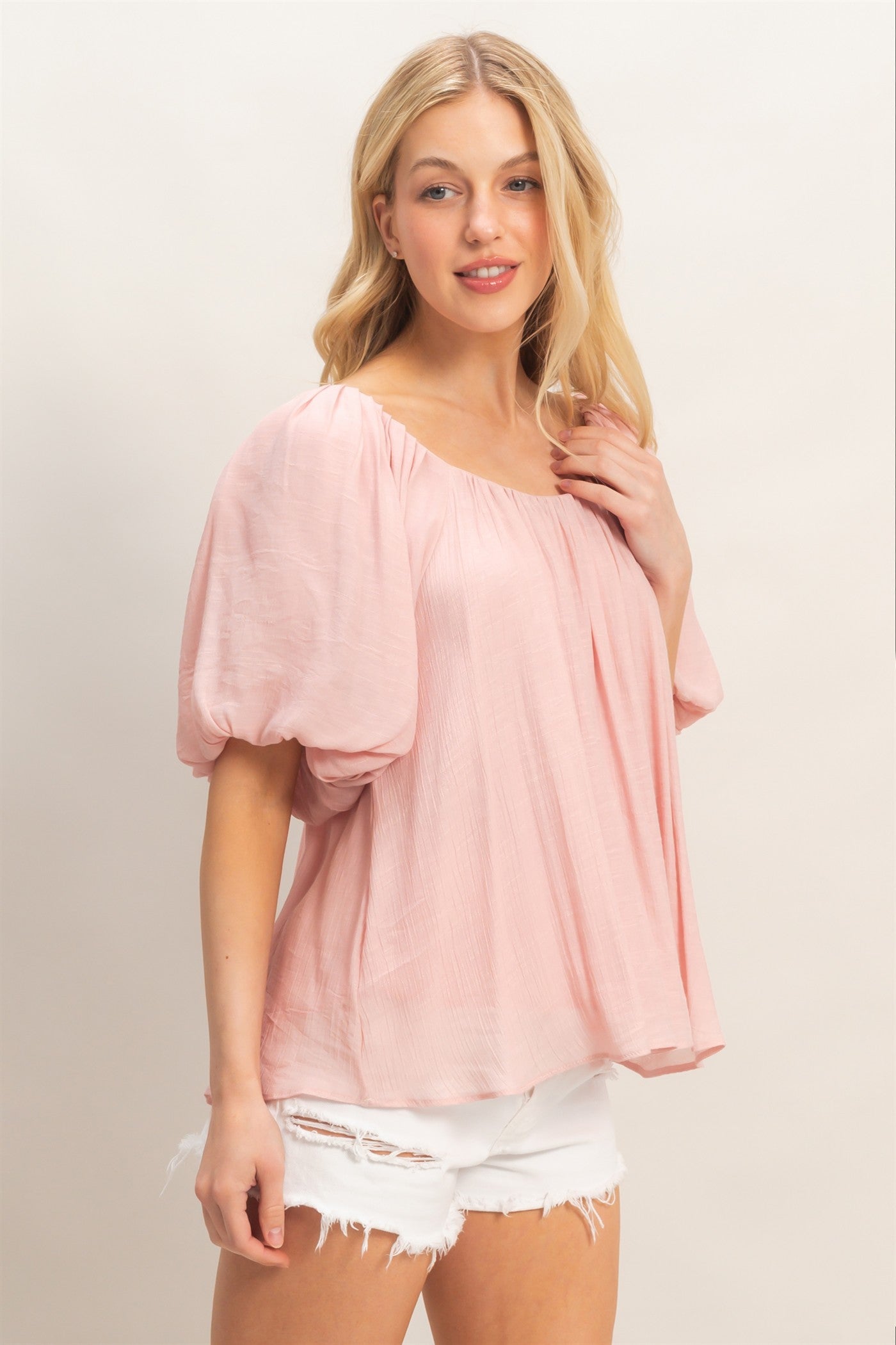 Wholesale Gathered Puff Sleeve Blouse Blouses HF26C307 BLUSH HYFVE