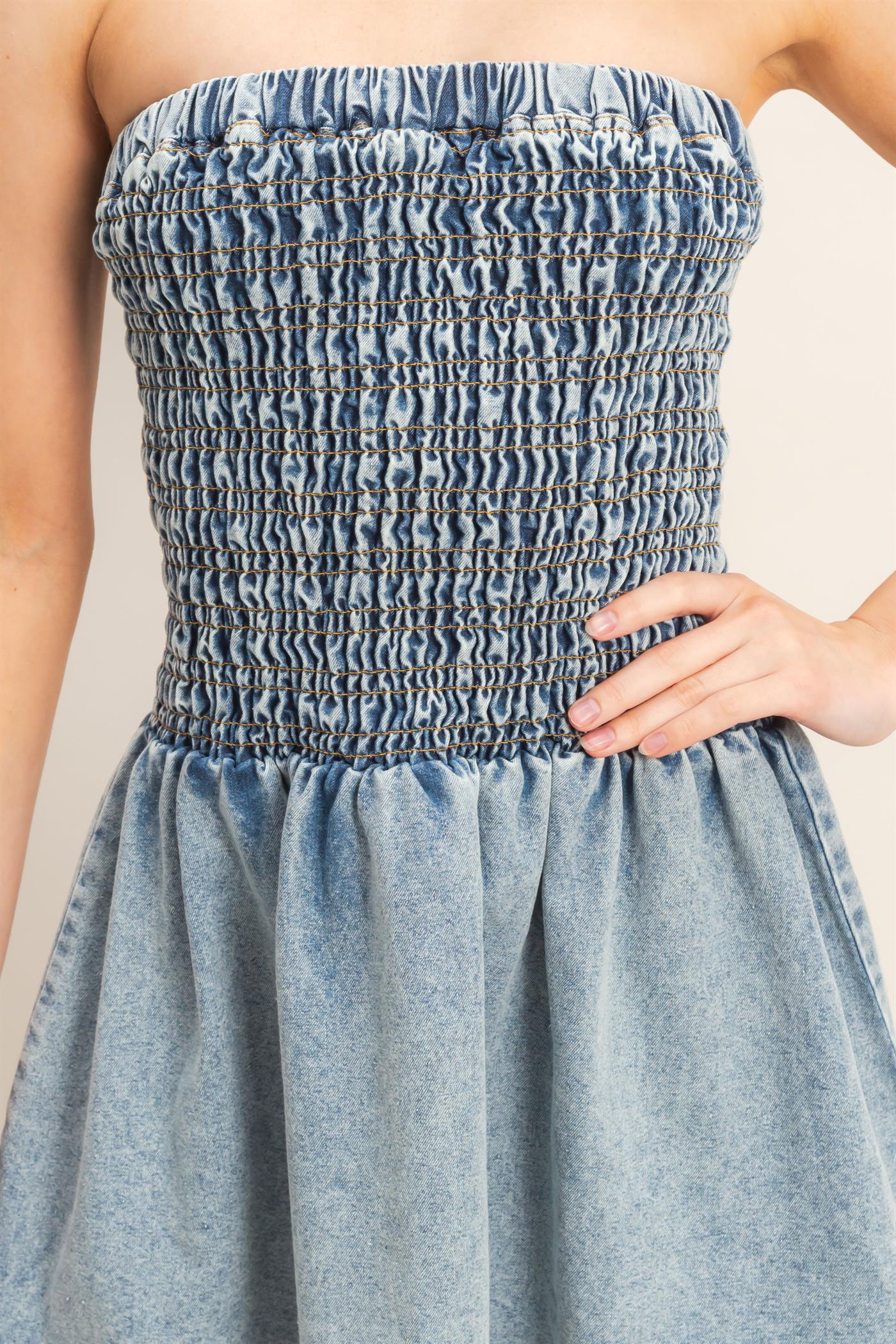 Wholesale Strapless Snow-Wash Dress Dresses HF26A491 LIGHT BLUE HYFVE