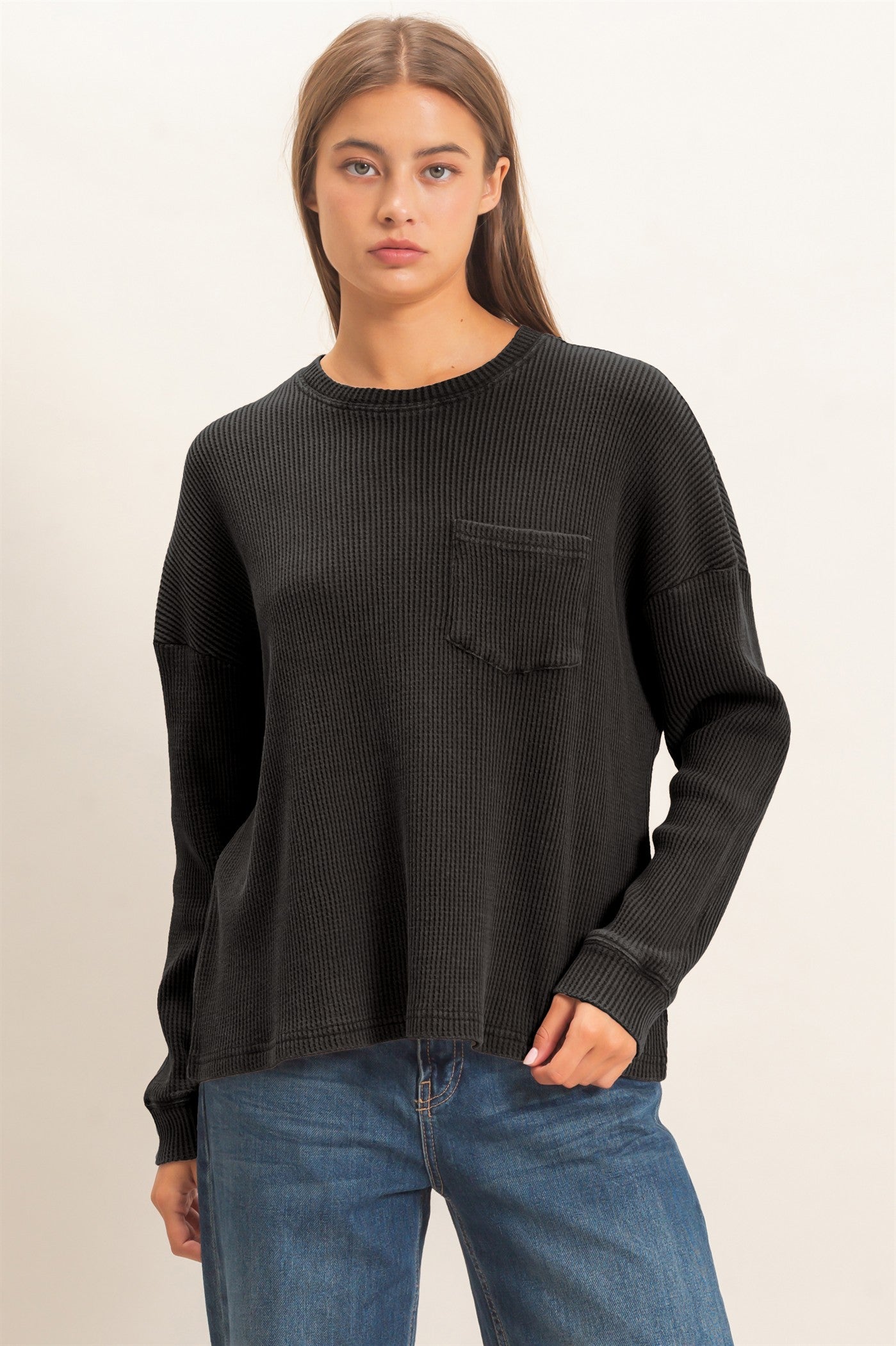 Wholesale Mineral Wash Waffle Long Sleeve Top Clothing Tops DZ26F242 BLACK DOUBLE ZERO
