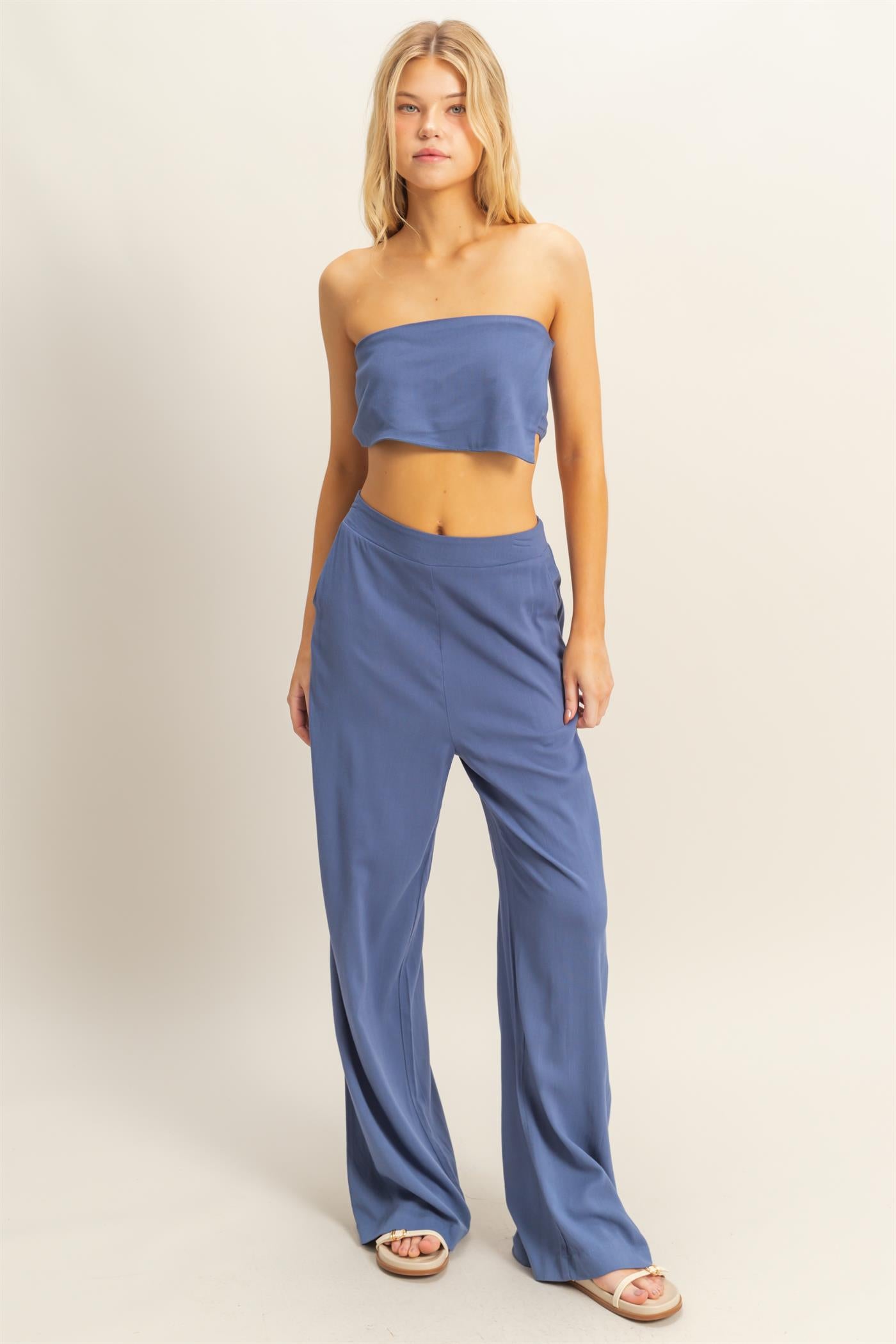 Wholesale Stretch Linen Top And Pants Set Clothing HF25E016-SET NAVY HYFVE