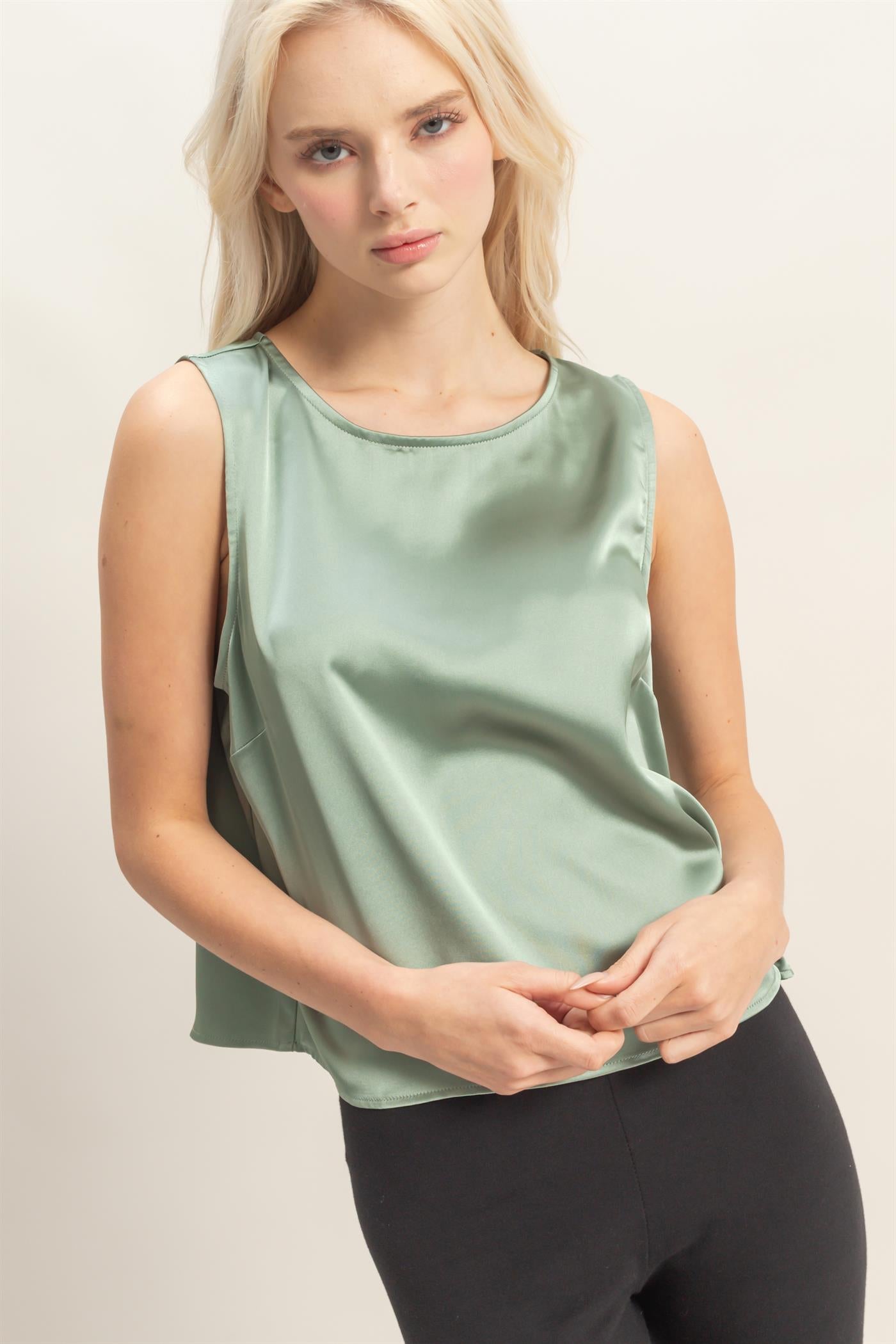 Wholesale Satin Sleeveless Round Neck Top With Back Keyhole Clothing Tops DZ26C084 SAGE GREEN DOUBLE ZERO