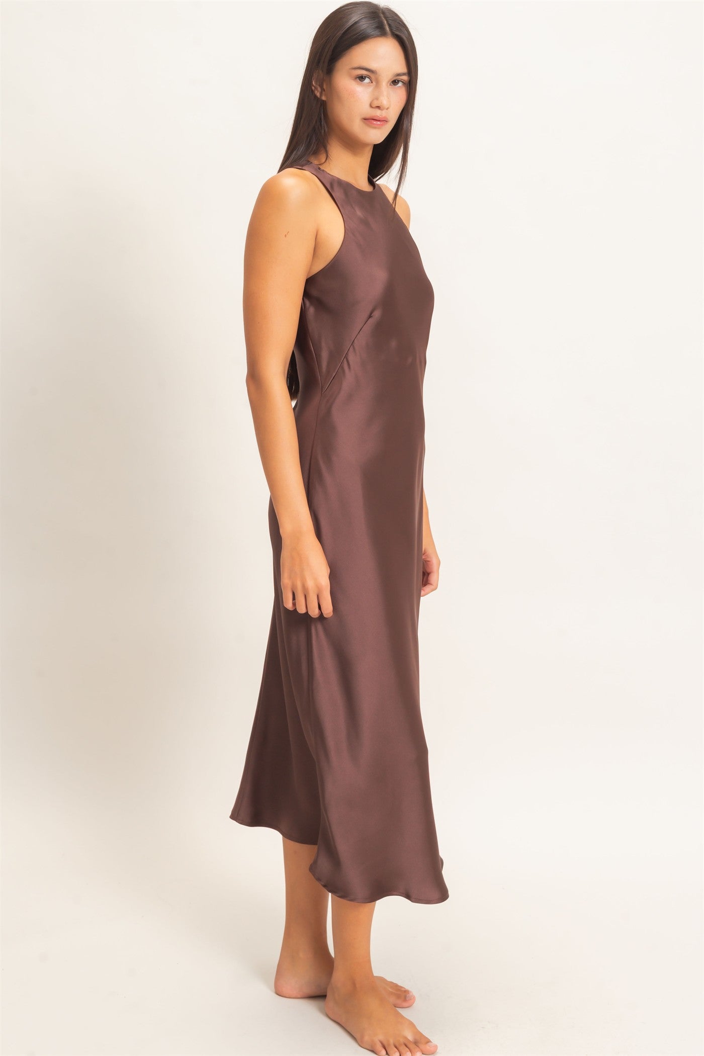 Wholesale Sleeveless Satin Midi Dress Dresses DZ26E257 DARK BROWN DOUBLE ZERO
