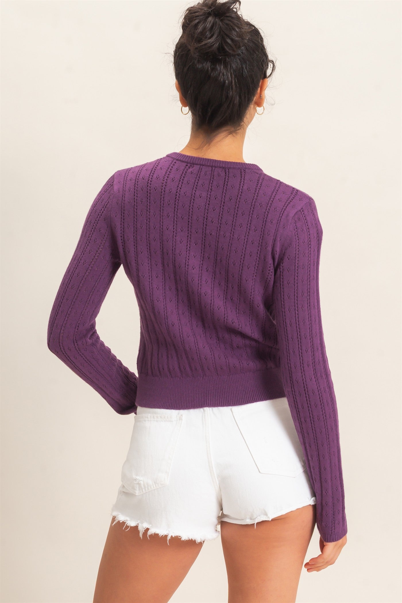 Wholesale Pointelle Button-Down Cardigan Cardigans DZ26E302 PLUM DOUBLE ZERO