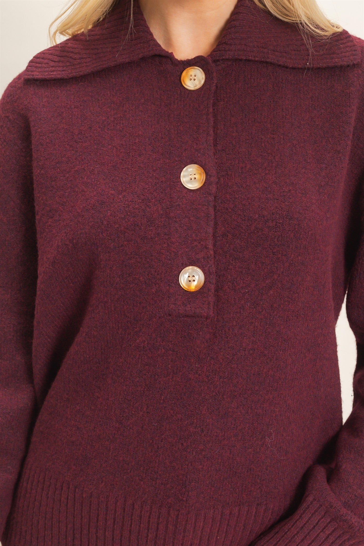 Wholesale Button-Up Collared Sweater Sweaters HF26E752 BURGUNDY HYFVE