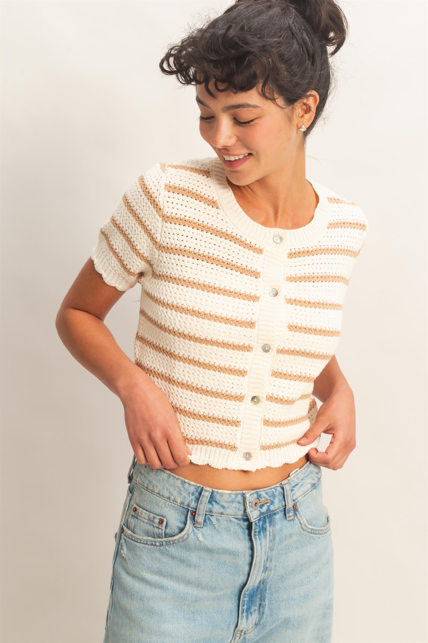 Wholesale Striped Short Sleeve Cardigan With Scallop Edge Cardigans DZ26A605 TAUPE DOUBLE ZERO