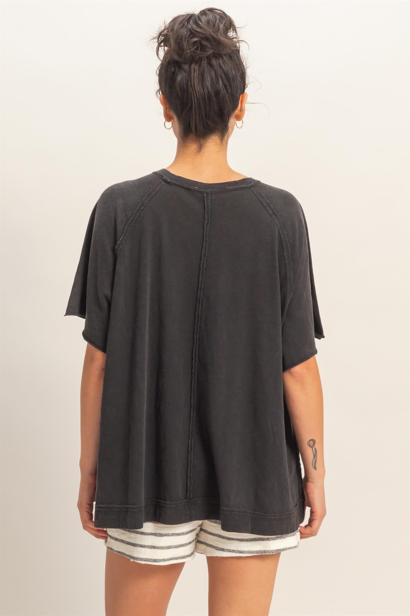 Wholesale Acid Washed Oversized Raw Edges Raglan Tee T-Shirts DZ26A333 BLACK DOUBLE ZERO