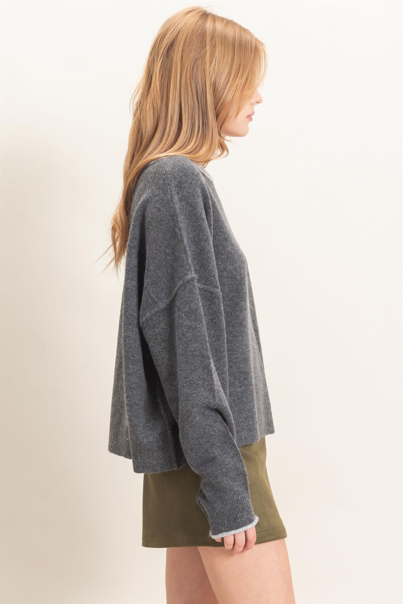 Wholesale Relaxed Wide Neck Knit Sweater Sweaters HF26E066-D CHARCOAL HYFVE