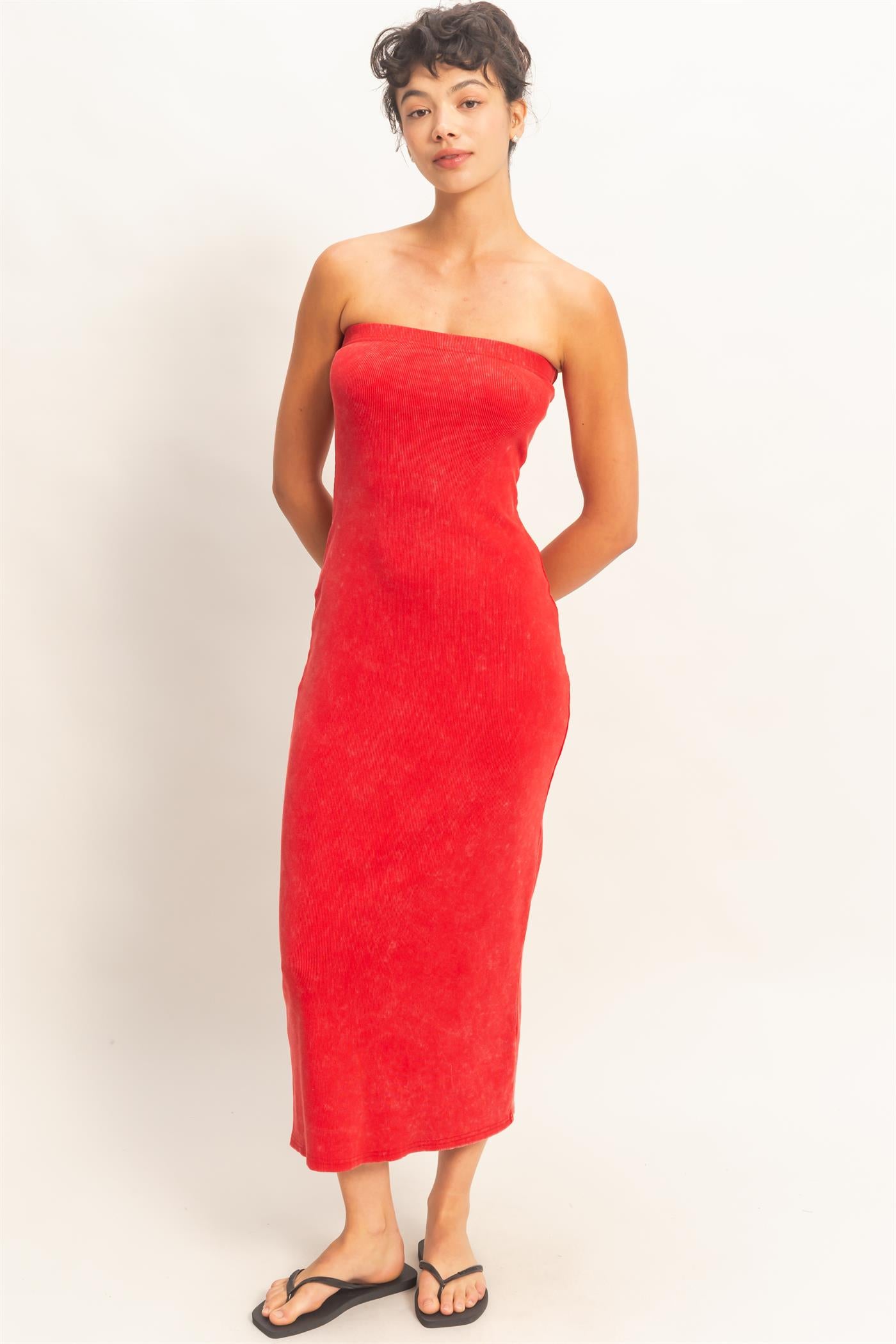 Wholesale Acid Washed Ribbed Midi Tube Dress Dresses DZ26C620 RED DOUBLE ZERO