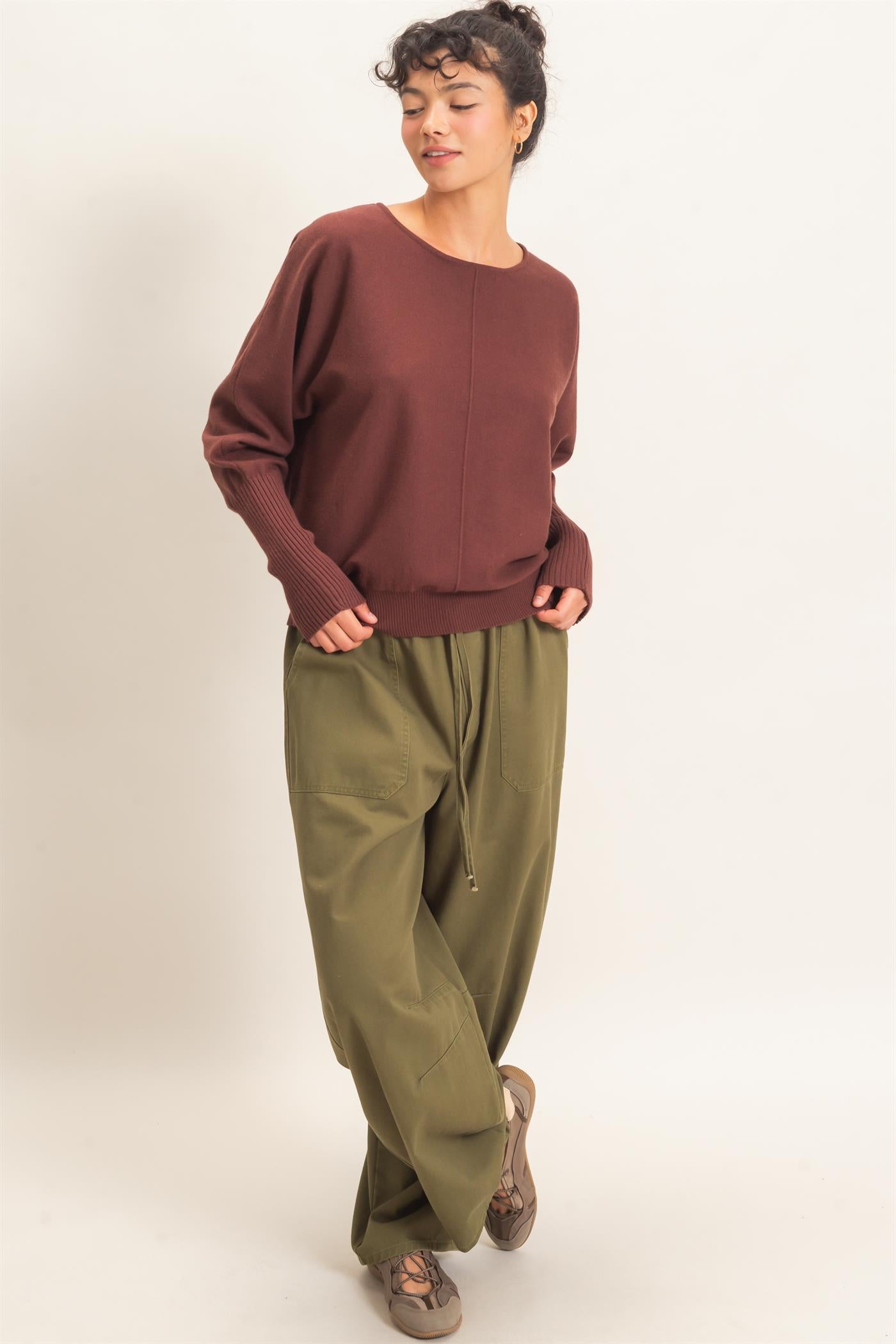 Wholesale Batwing Sleeve Center Seam Sweater Sweaters DZ26E079 DARK BROWN DOUBLE ZERO
